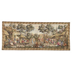 Belle tapisserie Jacquard de style Aubusson " Fête des villageois ".