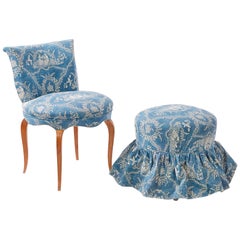 Nice French Pair of Hairdressing Chair and a Pouf in Blue Fabric