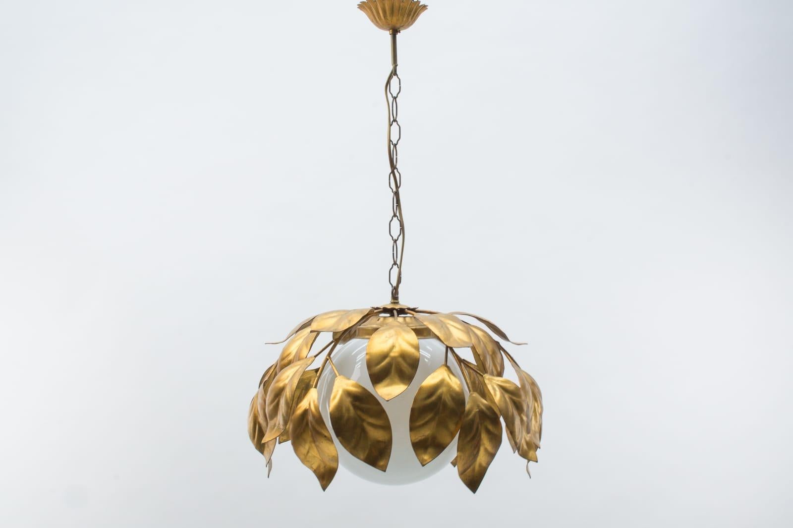 Nice Gilded Florentine Ceiling Lamp with Opaline Glass Globe Shade, Italy, 1960s For Sale 4