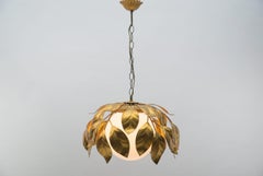 Nice Gilded Florentine Ceiling Lamp with Opaline Glass Globe Shade, Italy, 1960s
