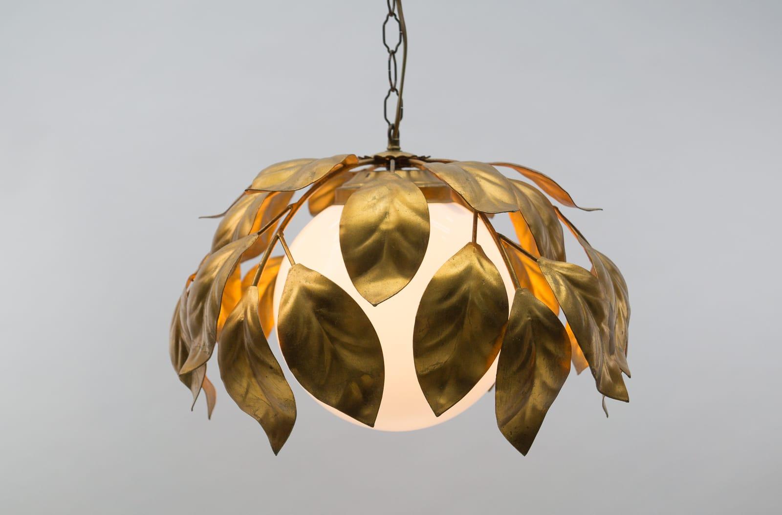 Italian Nice Gilded Florentine Ceiling Lamp with Opaline Glass Globe Shade, Italy, 1960s For Sale