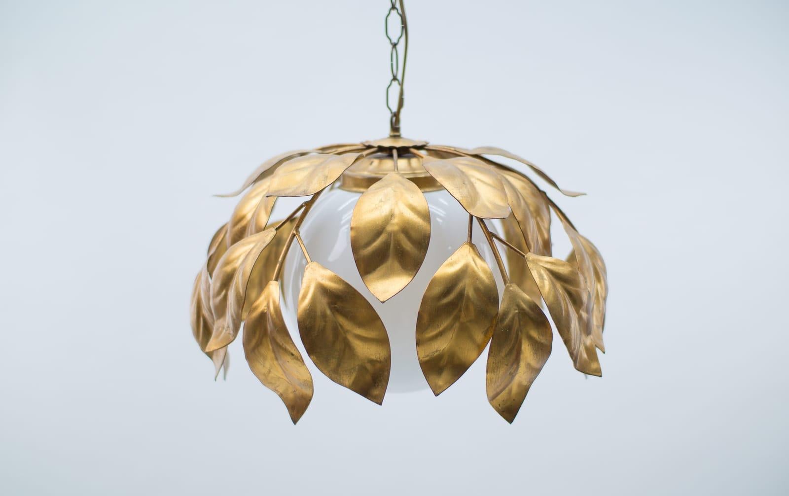 Gilt Nice Gilded Florentine Ceiling Lamp with Opaline Glass Globe Shade, Italy, 1960s For Sale