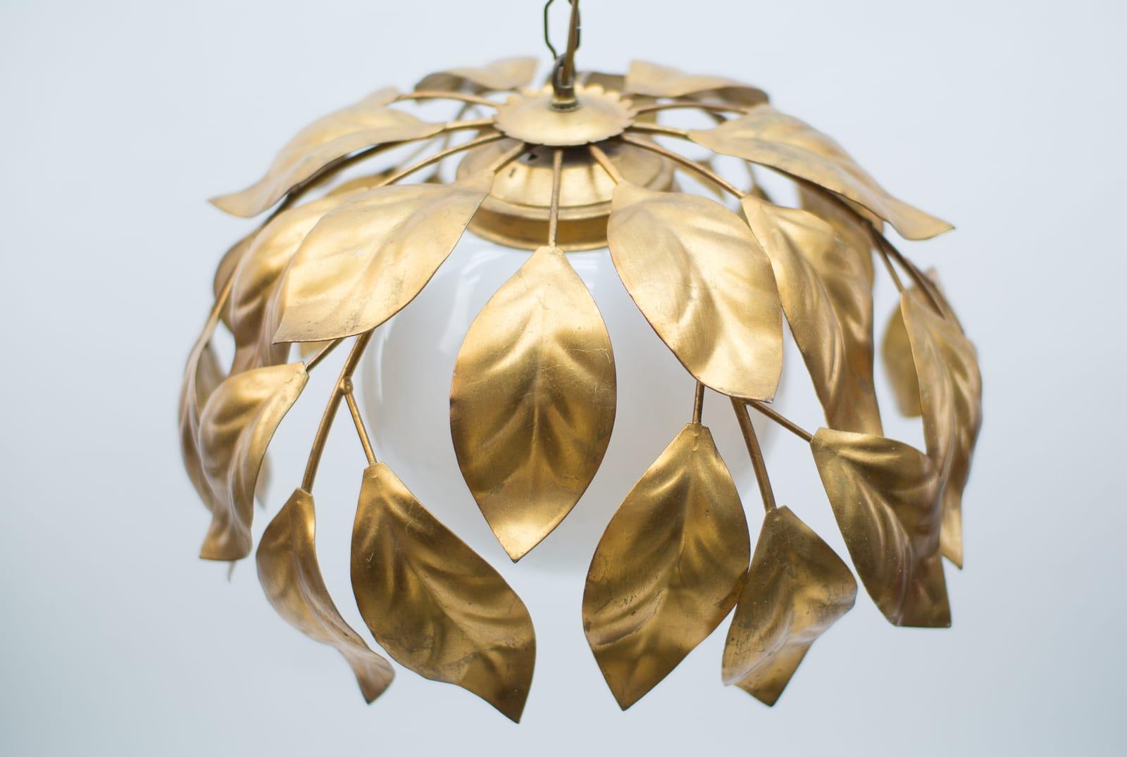 Mid-20th Century Nice Gilded Florentine Ceiling Lamp with Opaline Glass Globe Shade, Italy, 1960s For Sale