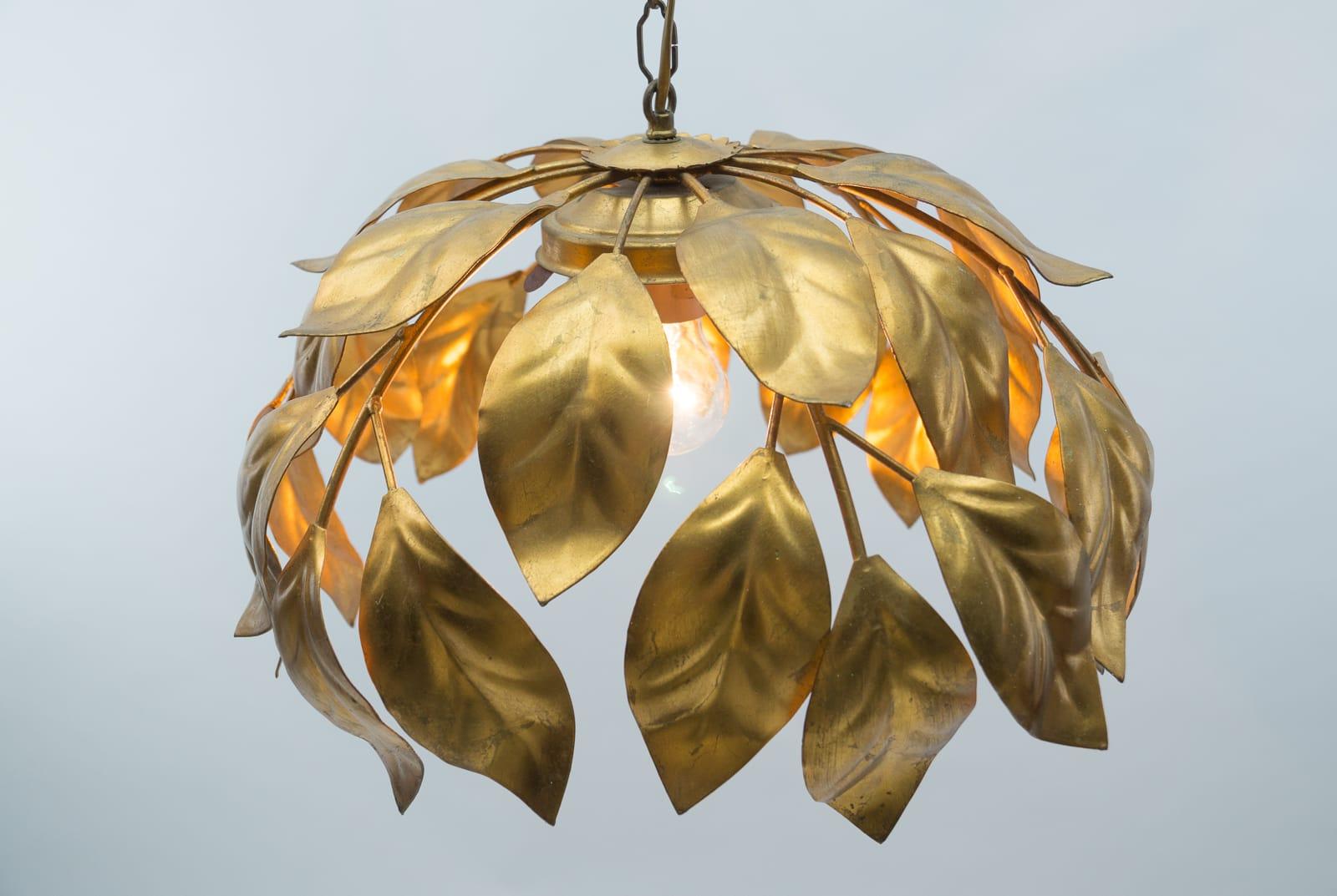 Nice Gilded Florentine Ceiling Lamp with Opaline Glass Globe Shade, Italy, 1960s For Sale 1