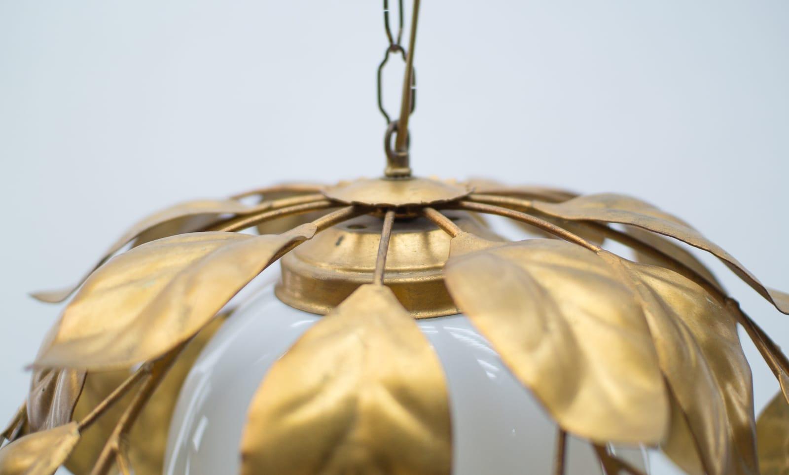 Nice Gilded Florentine Ceiling Lamp with Opaline Glass Globe Shade, Italy, 1960s For Sale 2