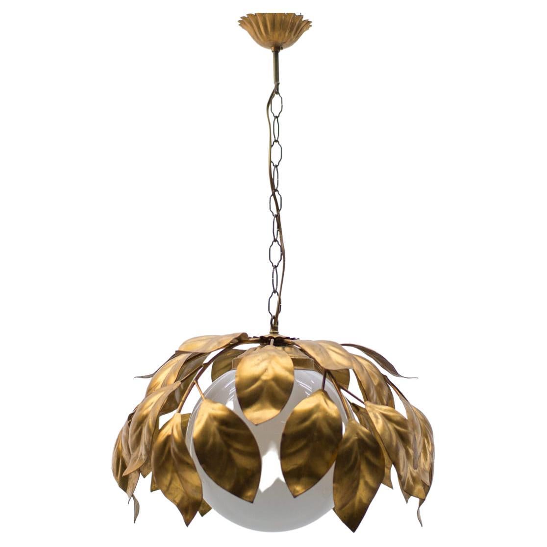 Nice Gilded Florentine Ceiling Lamp with Opaline Glass Globe Shade, Italy, 1960s For Sale