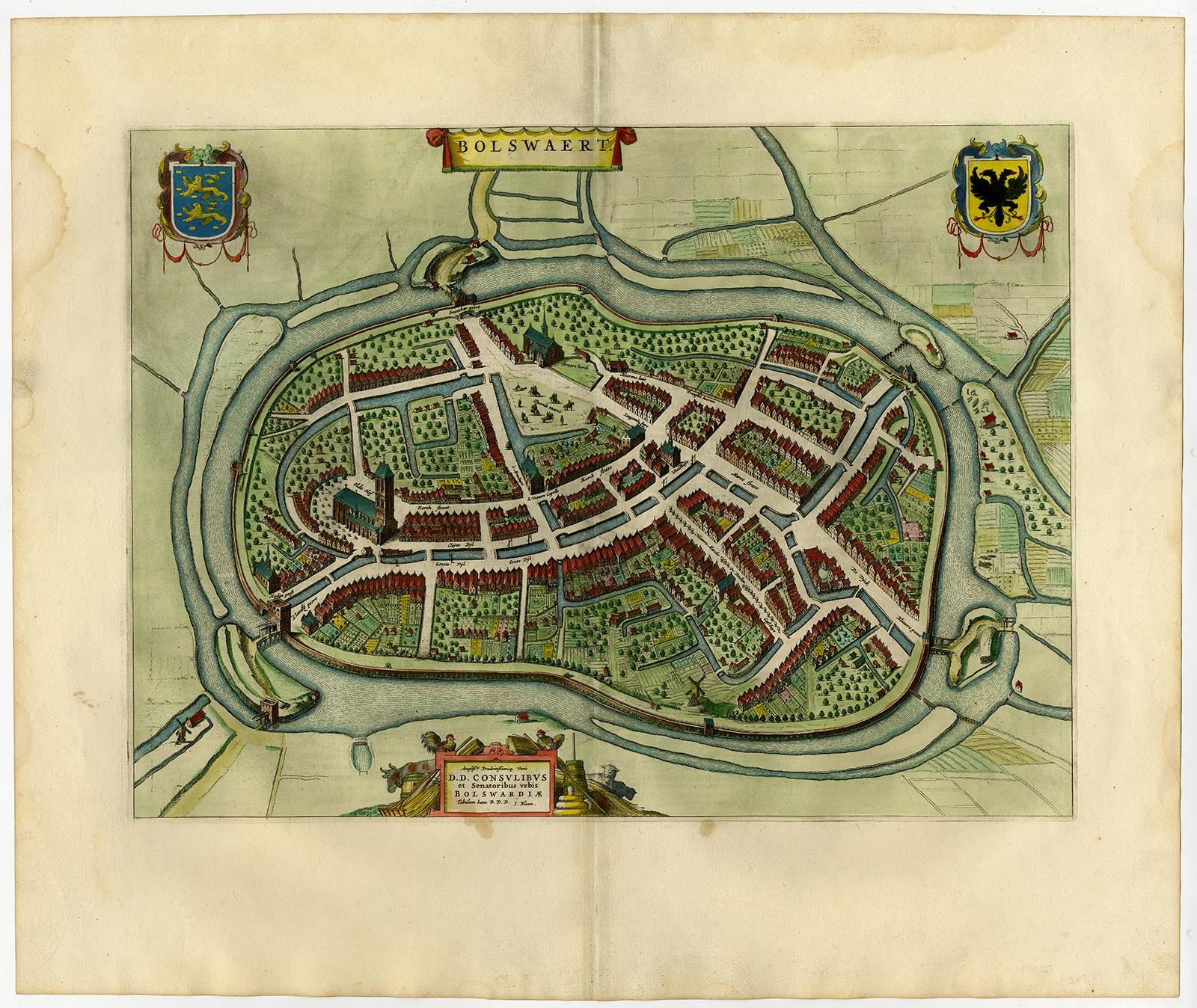 Antique print, titled: 'Bolswaert' - (Town plan of Bolsward). 

Plan of Bolsward in Friesland, the Netherlands. A cartouche and two coats of arms. From the town atlas 'Toneel der Steden', published by Joan Blaeu, Amsterdam: 1652. Dutch text on the