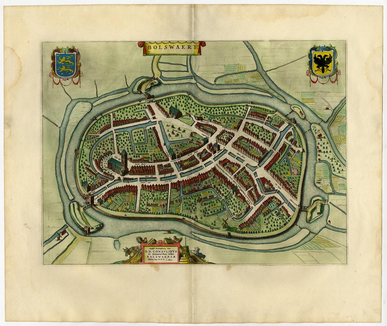 Gravure ancienne, intitulée : 'Bolswaert' - (Plan de la ville de Bolsward). 

Plan de Bolsward en Frise, aux Pays-Bas. Un cartouche et deux armoiries. Extrait de l'atlas de la ville 'Toneel der Steden', publié par Joan Blaeu, Amsterdam : 1652.