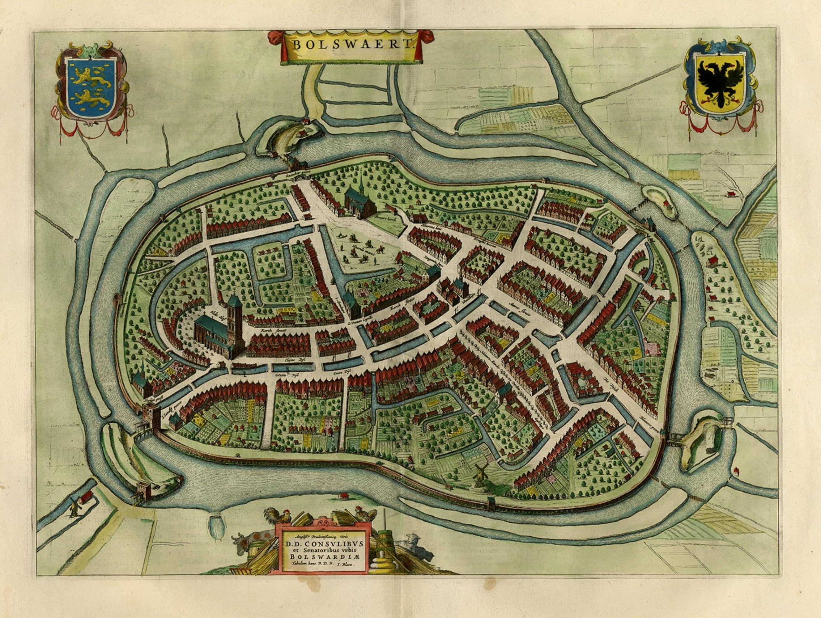 Nice Hand-Colored Plan by  Blaeu of Bolsward in Friesland, the Netherlands, 1652 In Good Condition For Sale In Langweer, NL