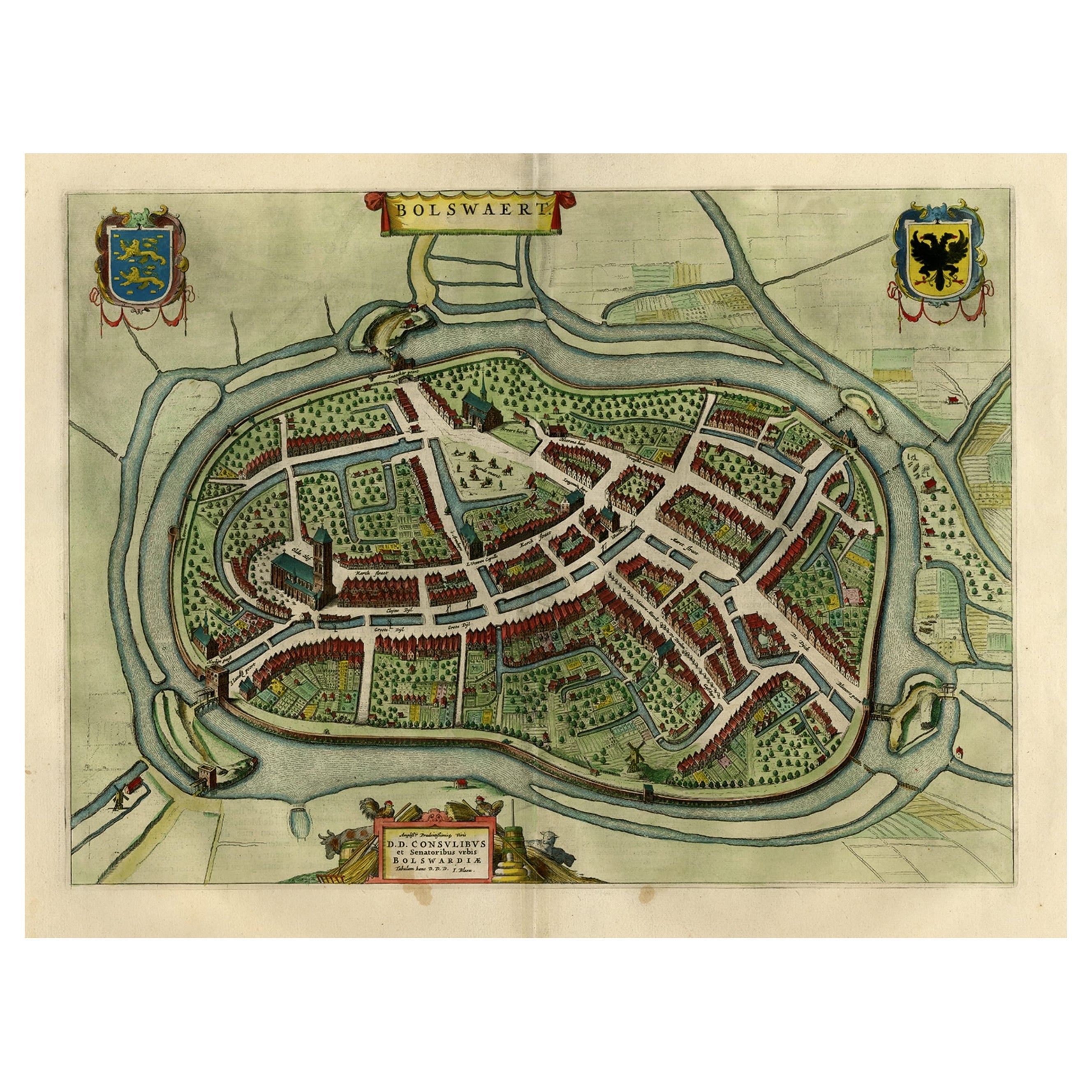Beau plan coloré à la main par  Blaeu de Bolsward dans le Friesland, aux Pays-Bas, 1652