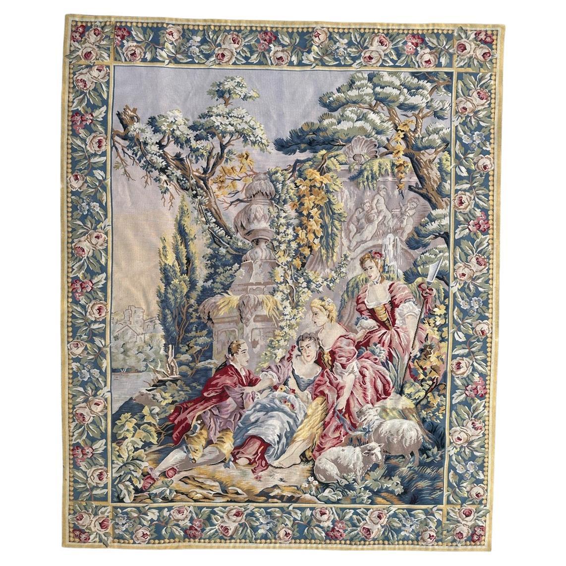 Nice handwoven French Aubusson Style Tapestry “Berger Galant” For Sale