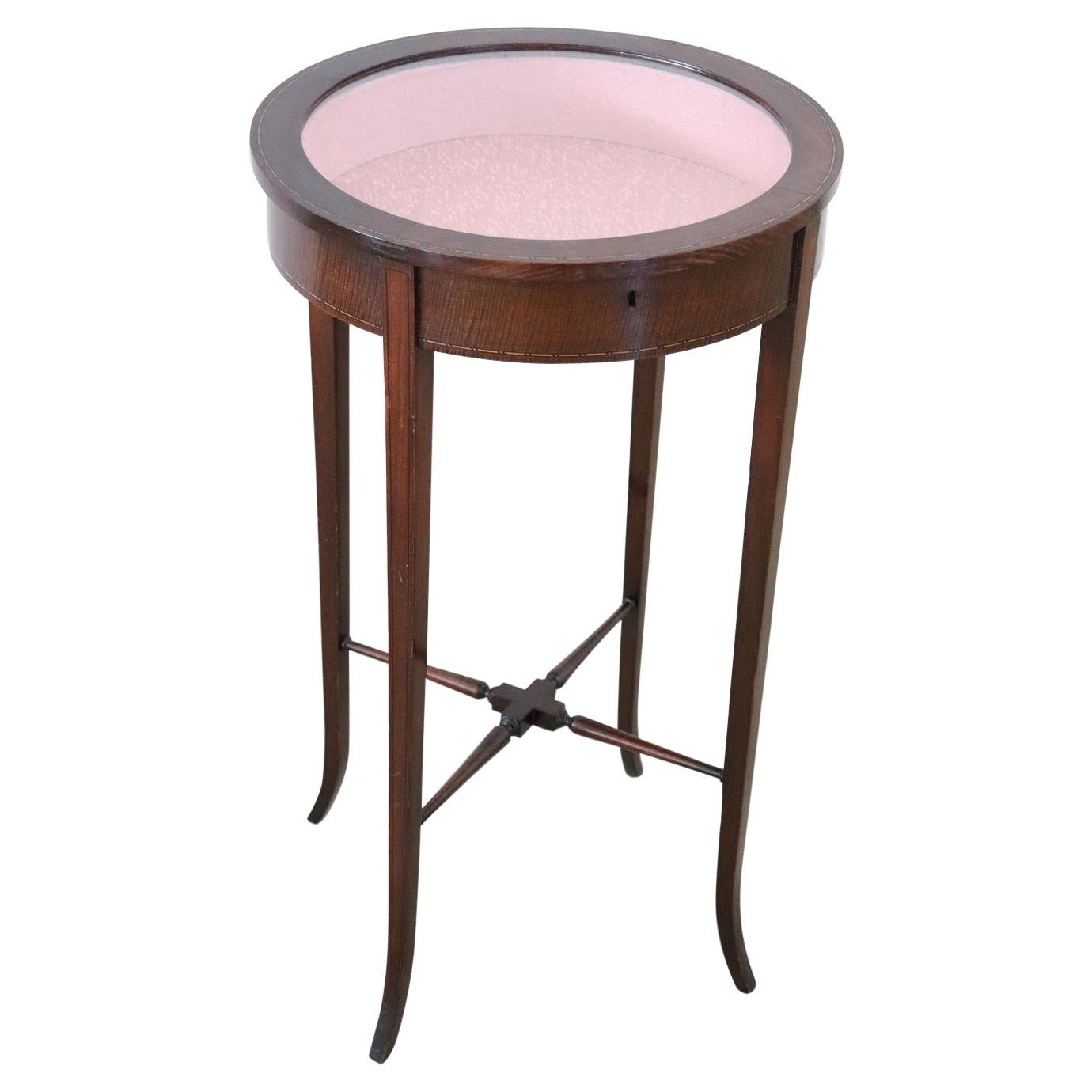 Nice Italian Walnut Round Pedestal Table with Display Glass Top, 1920s