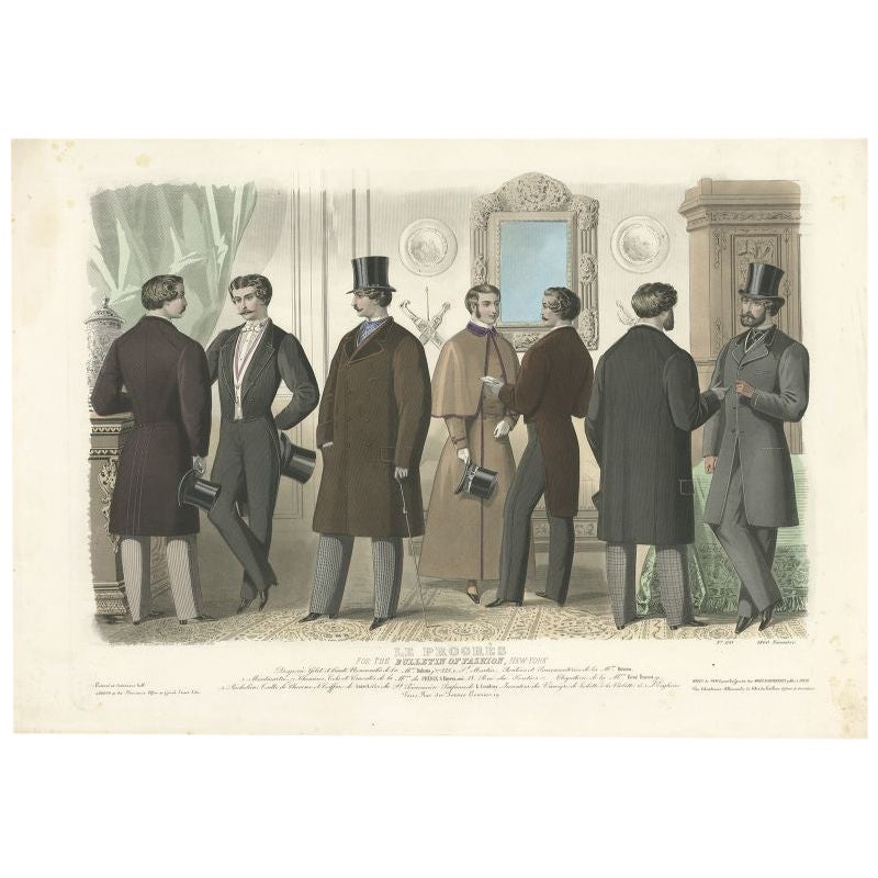 Belle estampe de mode décorative ancienne, 1860 en vente