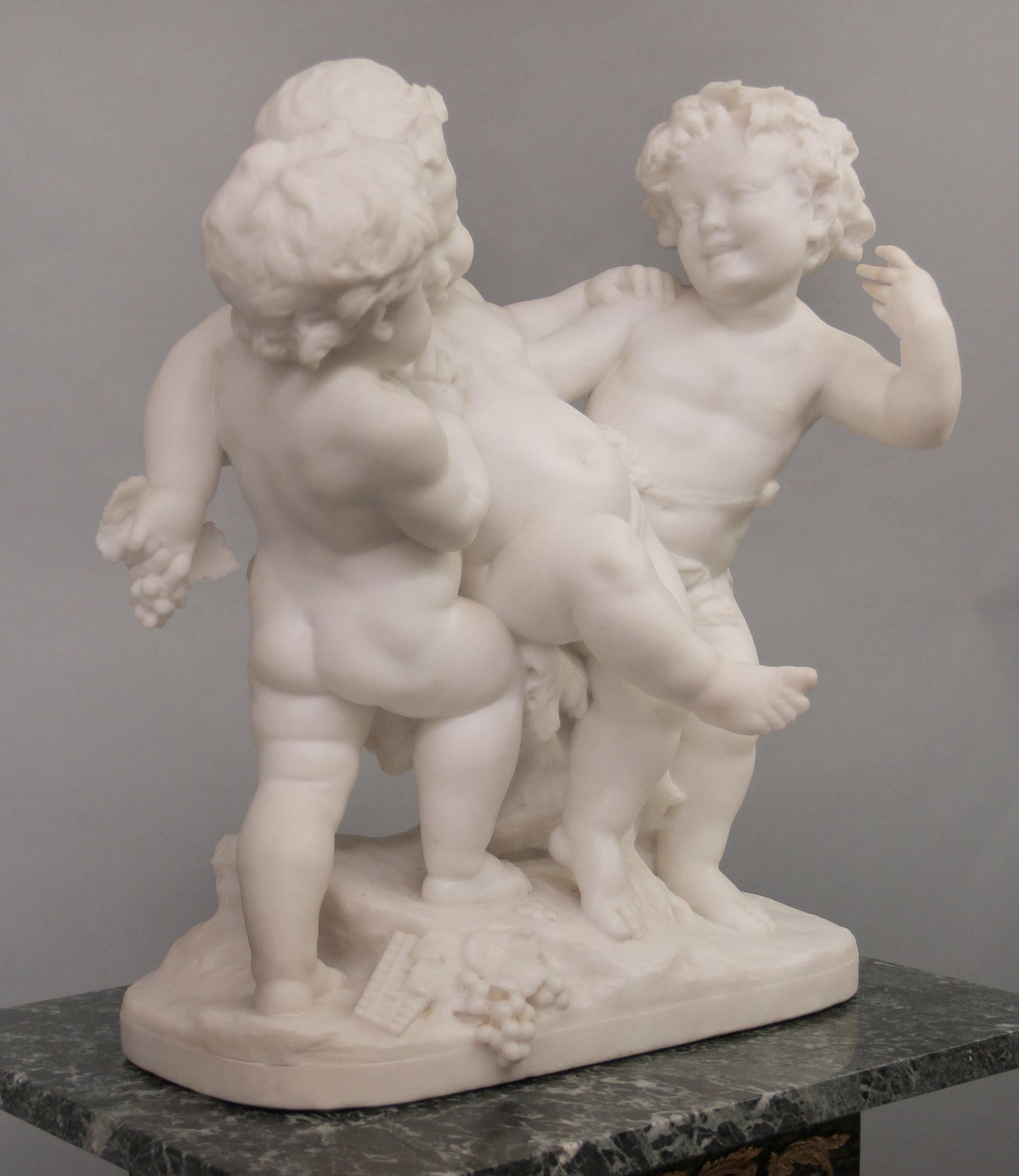 Hand-Carved Nice Late 19th Century Carrara Marble Group of Drunken Silenus by Rougelet For Sale