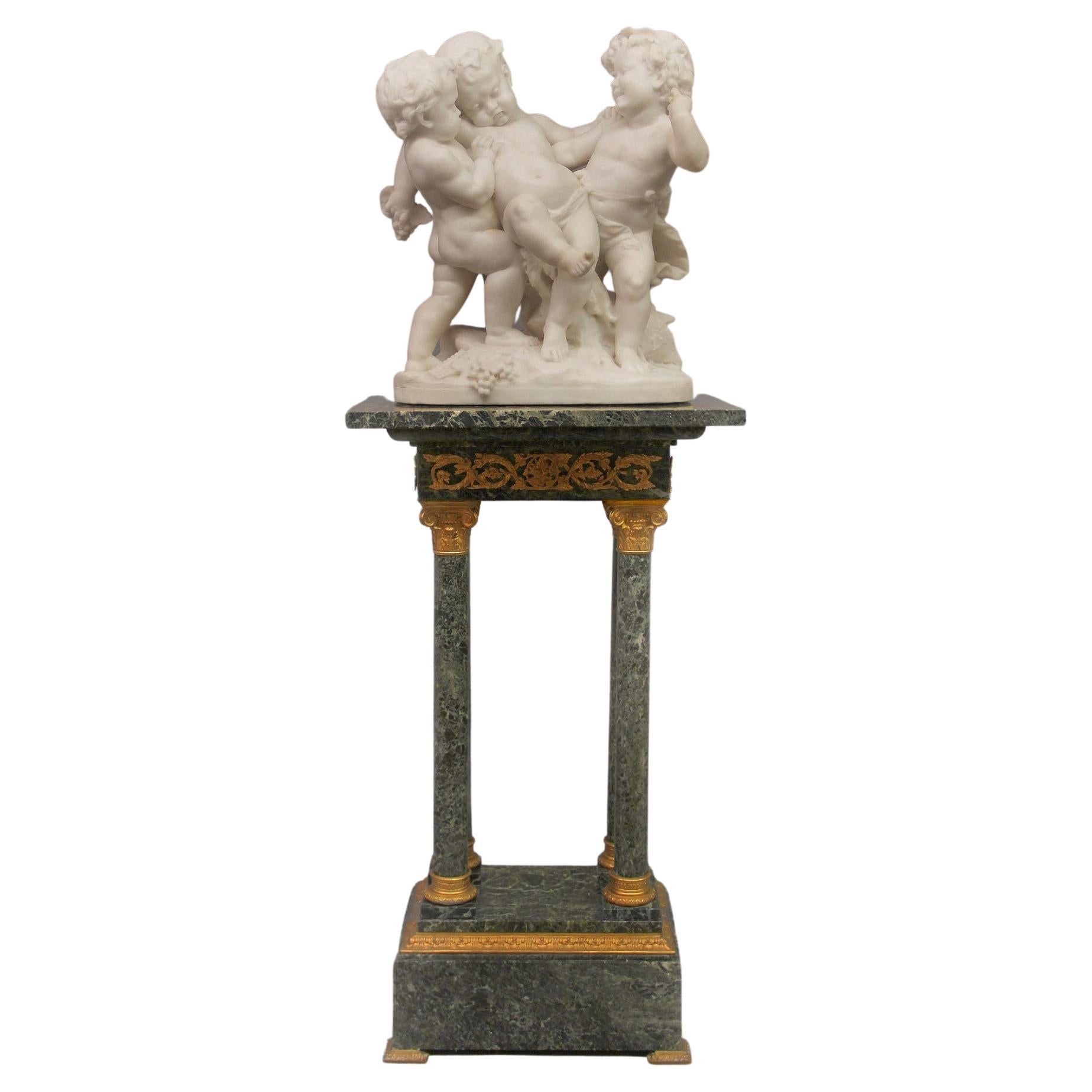 Nice Late 19th Century Carrara Marble Group of Drunken Silenus by Rougelet