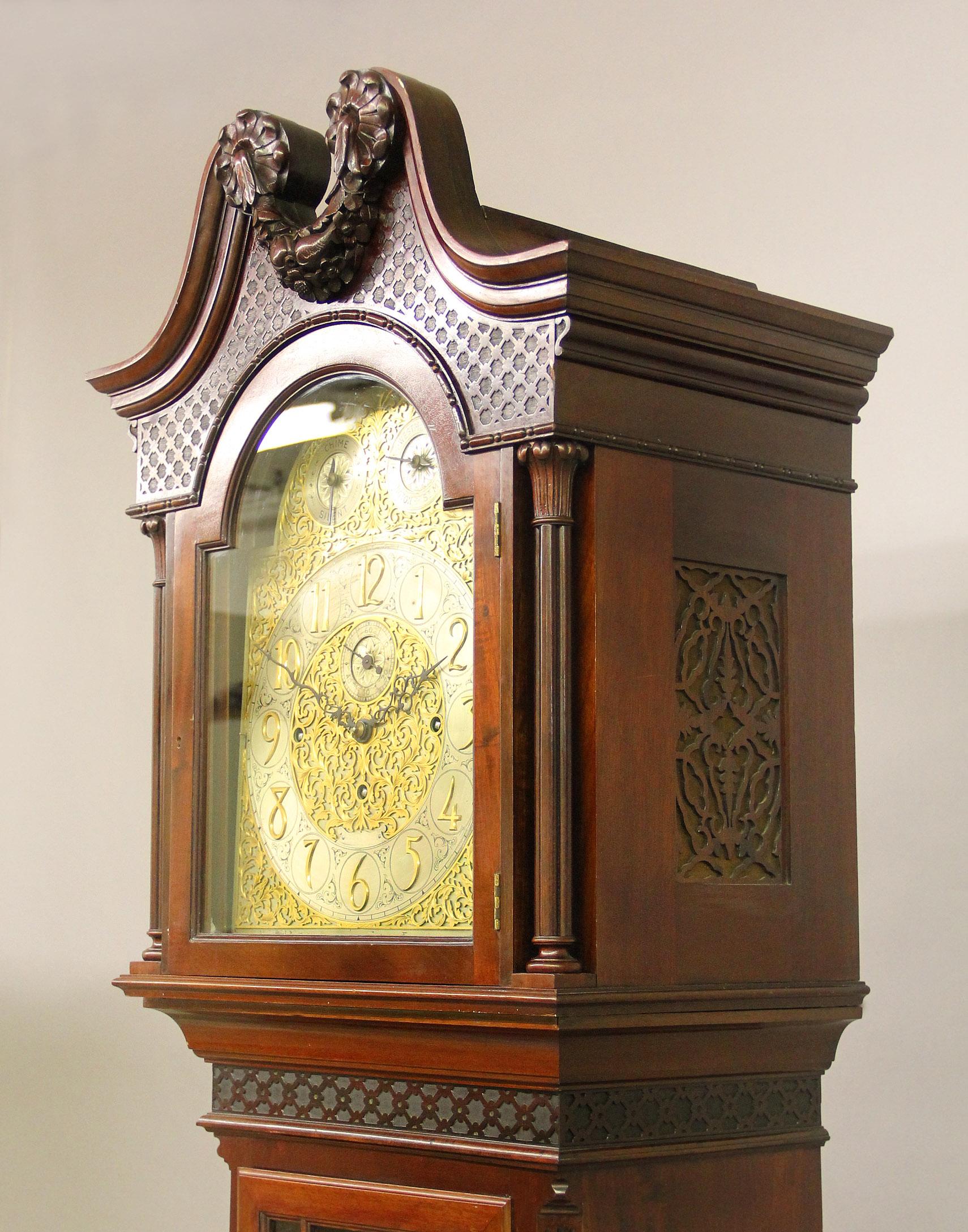 Hand-Carved Nice Late 19th Century English Carved Nine Tube Longcase Grandfather Clock For Sale