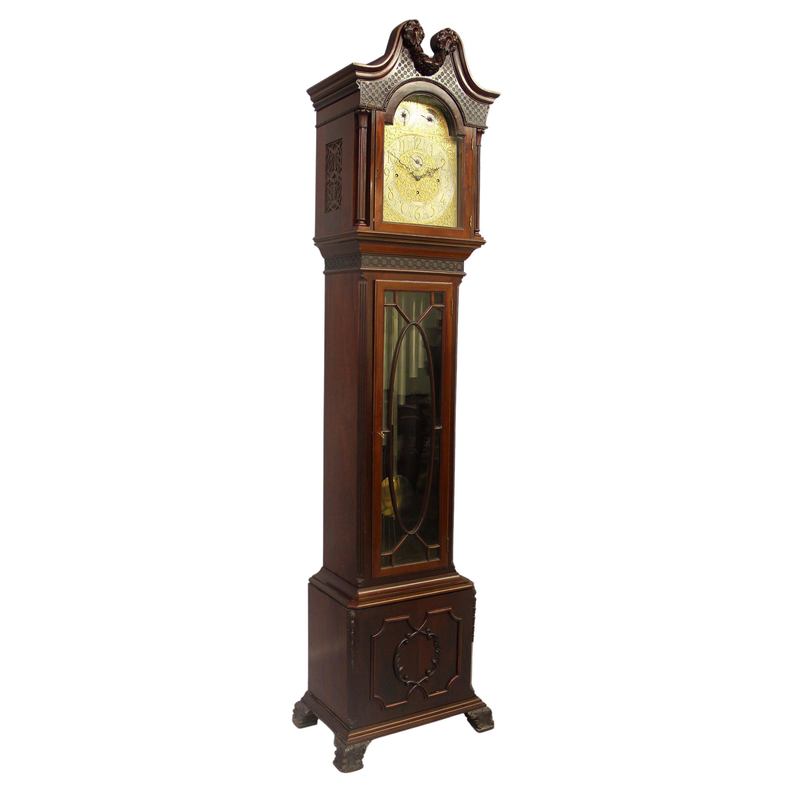 Nice Late 19th Century English Carved Nine Tube Longcase Grandfather Clock For Sale