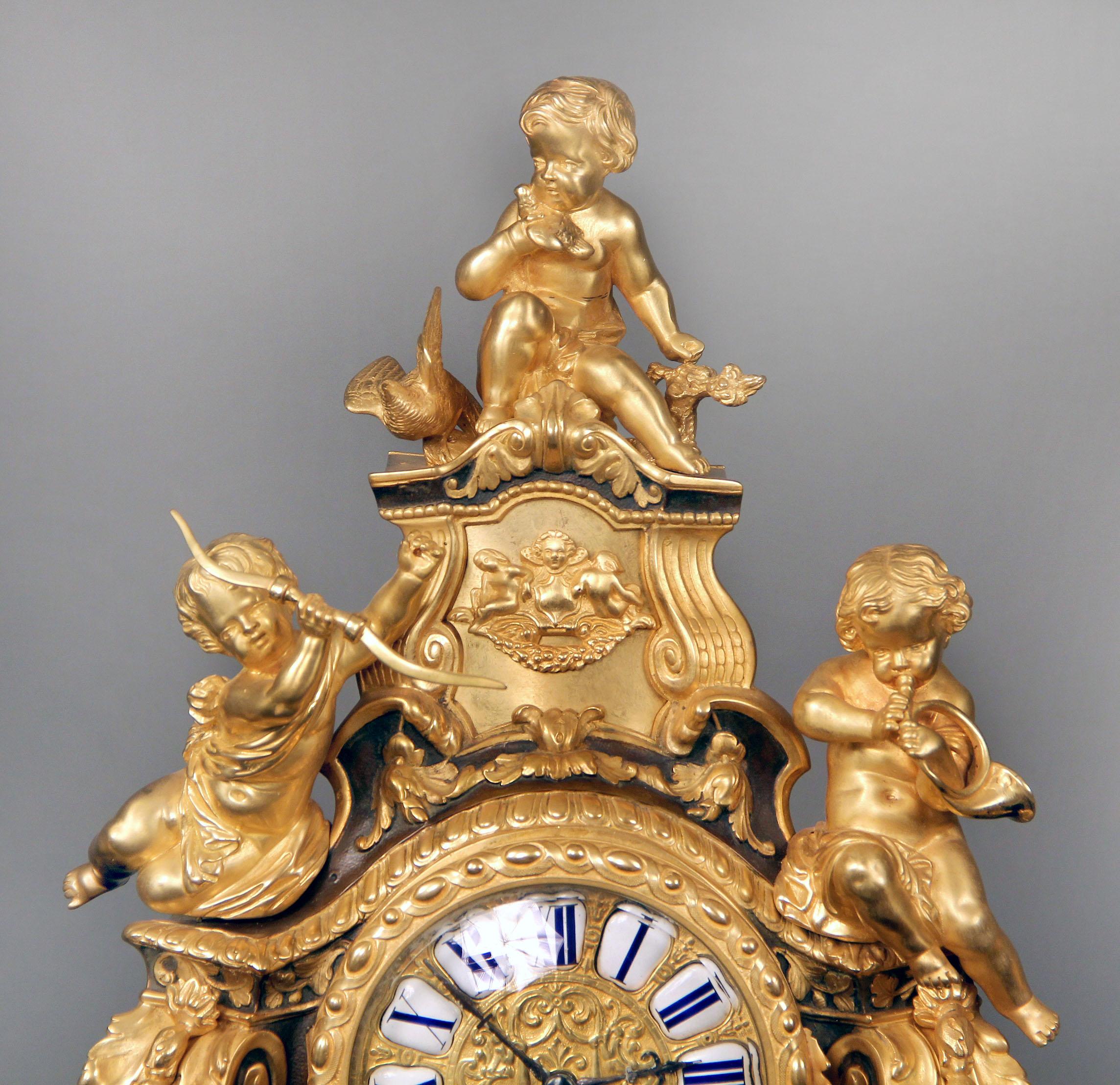 Belle Époque Nice Late 19th Century Gilt and Patinated Bronze Three Piece Clock Set For Sale