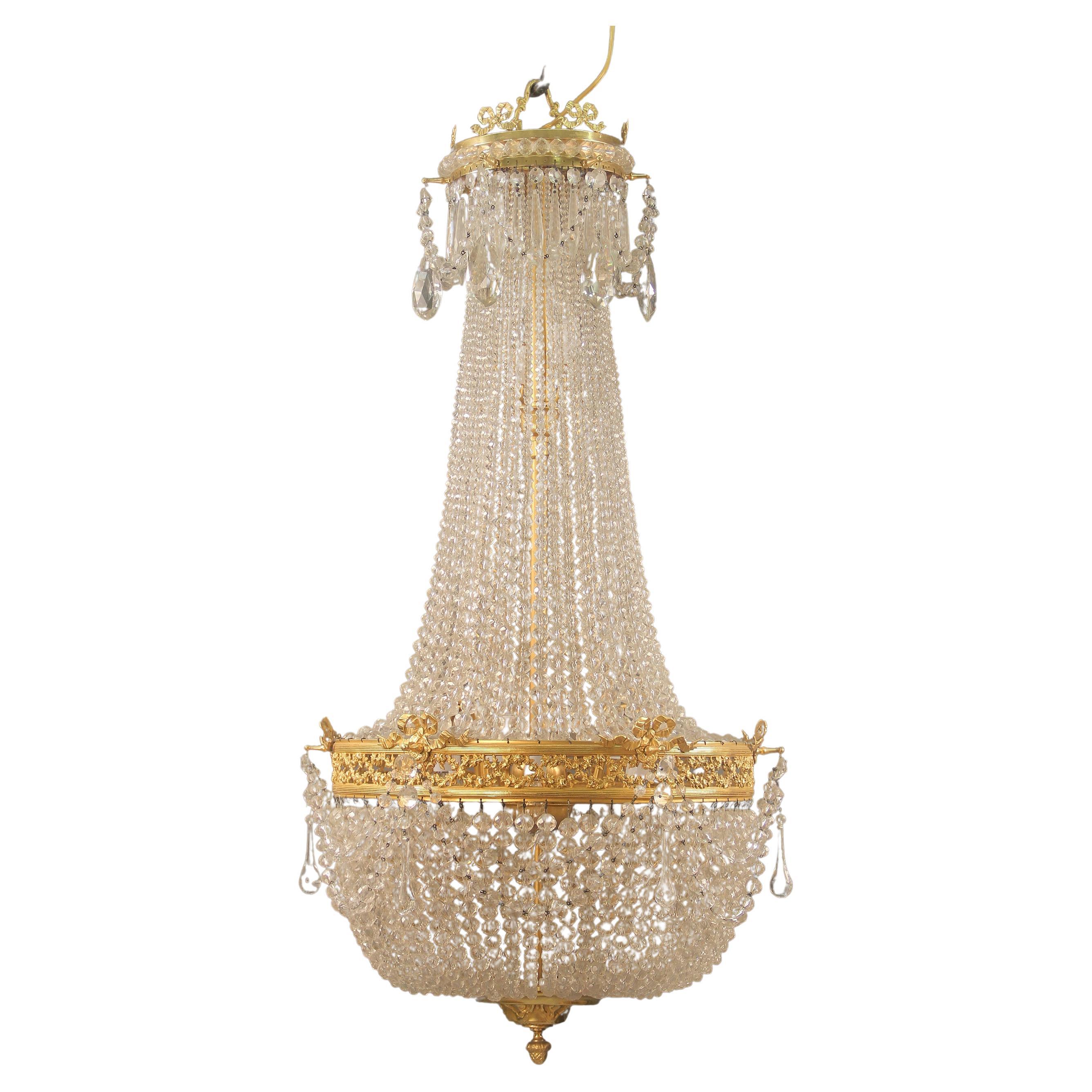 Nice Late 19th Century Gilt Bronze Beaded Basket Eleven Light Chandelier For Sale