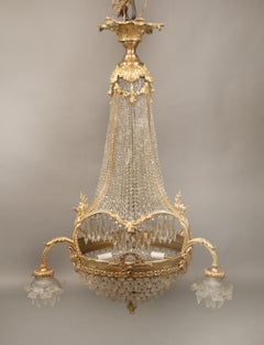 Nice Late 19th Century Gilt Bronze Beaded Basket Nine-Light Chandelier