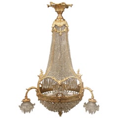 Antique Nice Late 19th Century Gilt Bronze Beaded Basket Nine-Light Chandelier