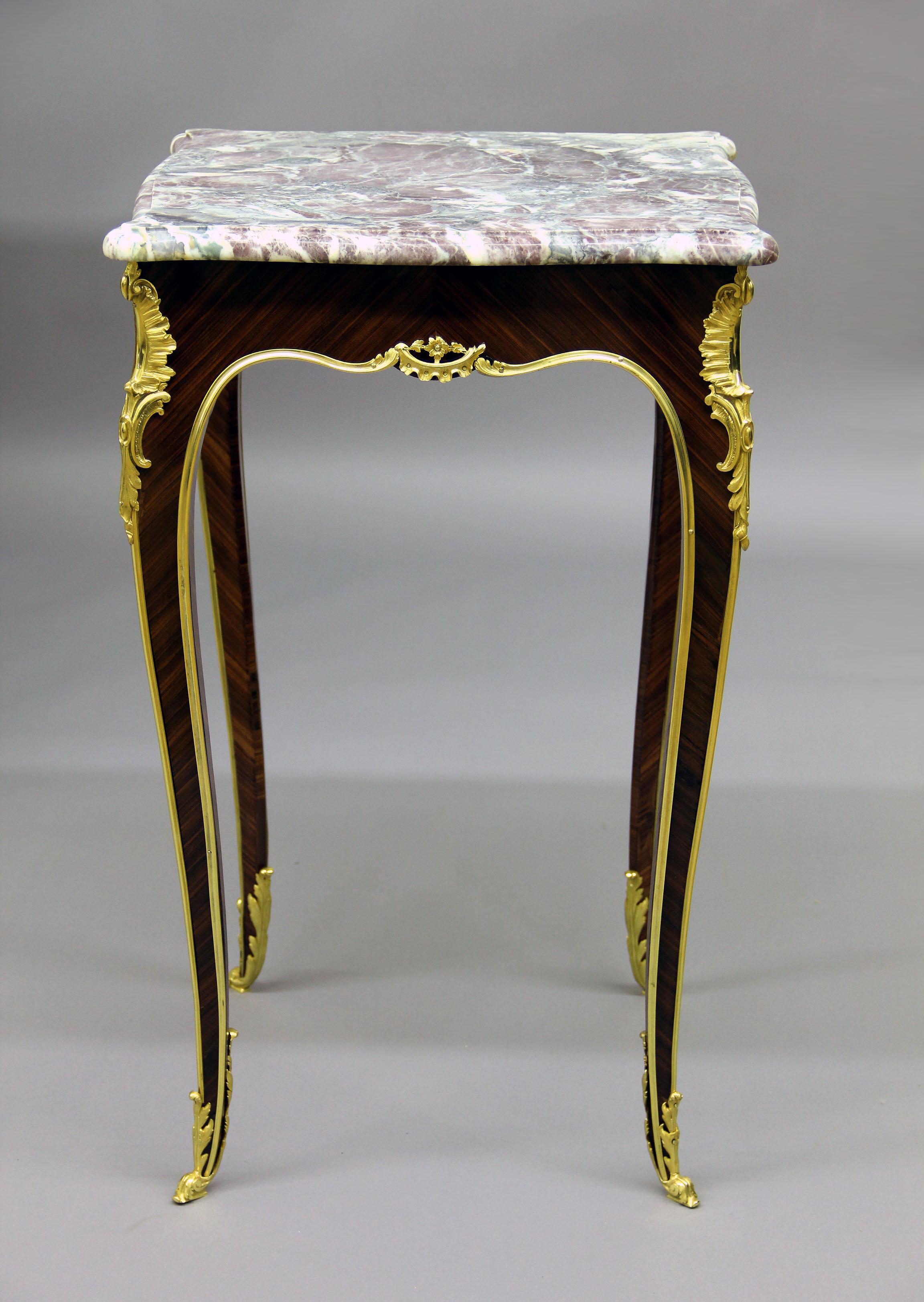 A Nice Late 19th Century Gilt Bronze Mounted Louis XV Style Lamp Table


The shaped squarer Breche Violette marble top on tapering bronze mounted designed legs and scrolled acanthus sabots.

Details
Height: 30 inches / 76cm
Width: 18 inches /
