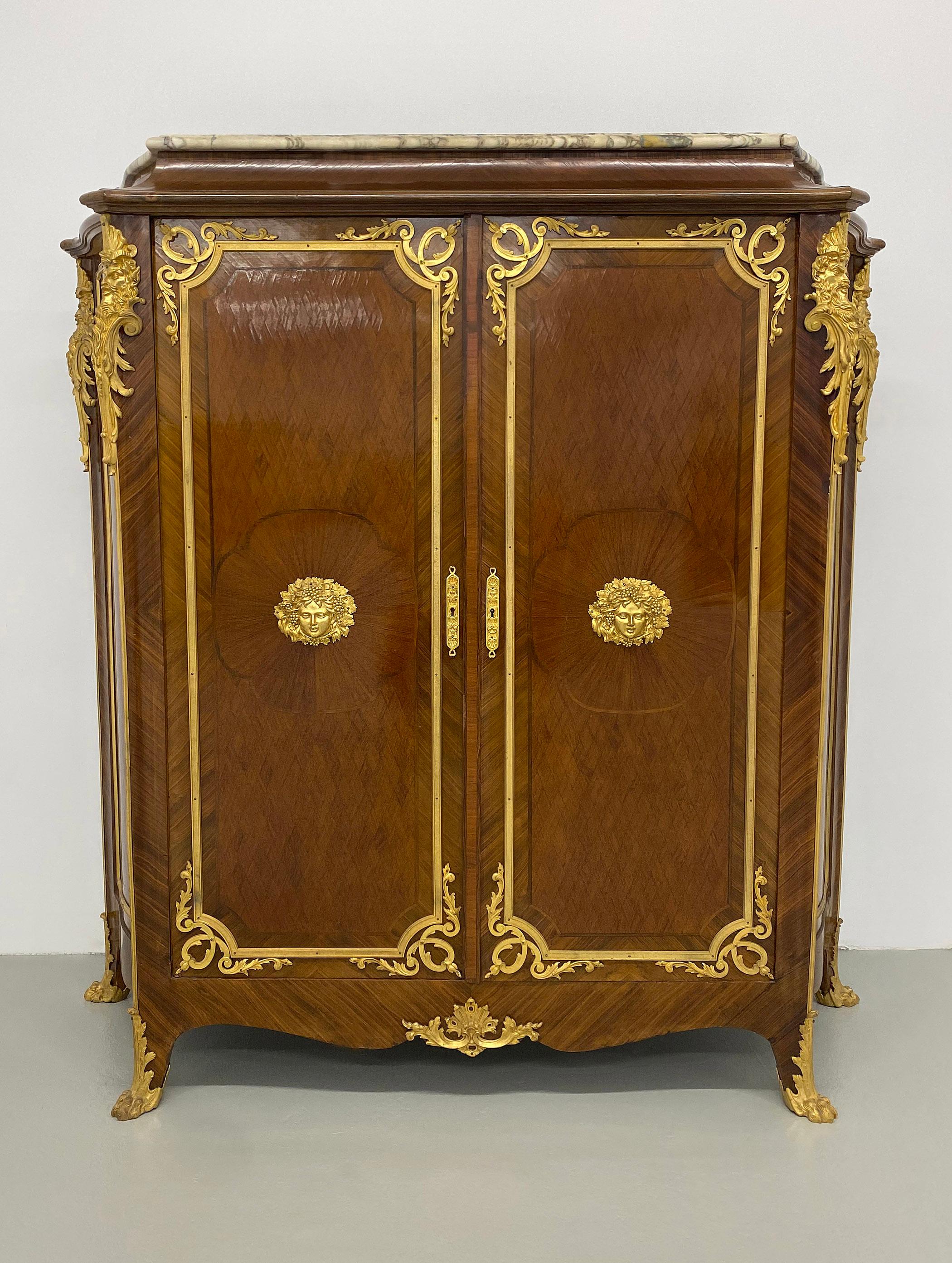 Belle Époque Nice Late 19th Century Gilt Bronze Mounted Transitional Style Parquetry Cabinet For Sale
