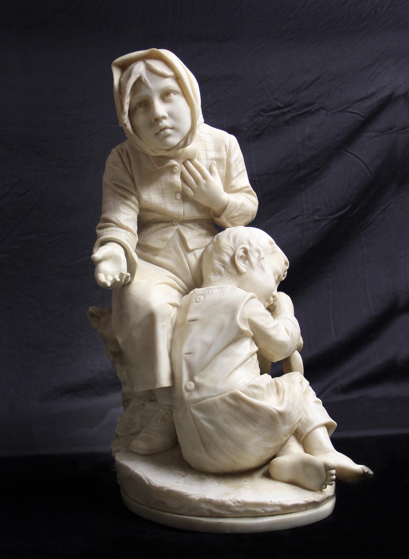 Eine schöne italienische Alabaster-Doppelfigur des späten 19. / frühen 20. Jahrhunderts von Emilio Fiaschi

Das Bild zeigt ein junges Mädchen, das sich um seinen schlafenden Bruder kümmert und ihn um Hilfe bittet.

Signiert E. Fiaschi auf dem