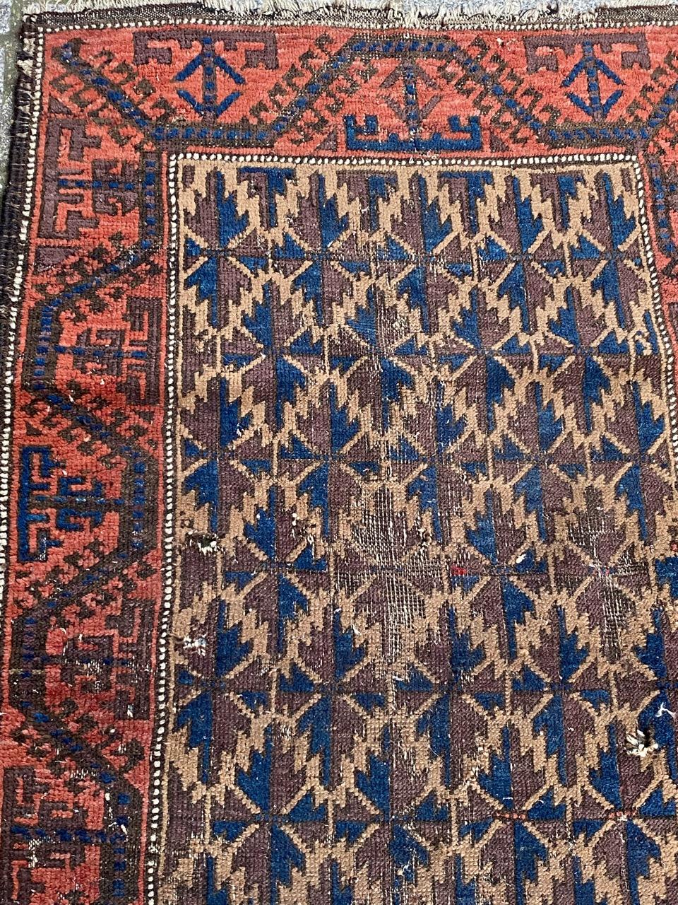 Hand-Knotted Bobyrug’s Nice Little Antique Distressed Baluch Rug For Sale