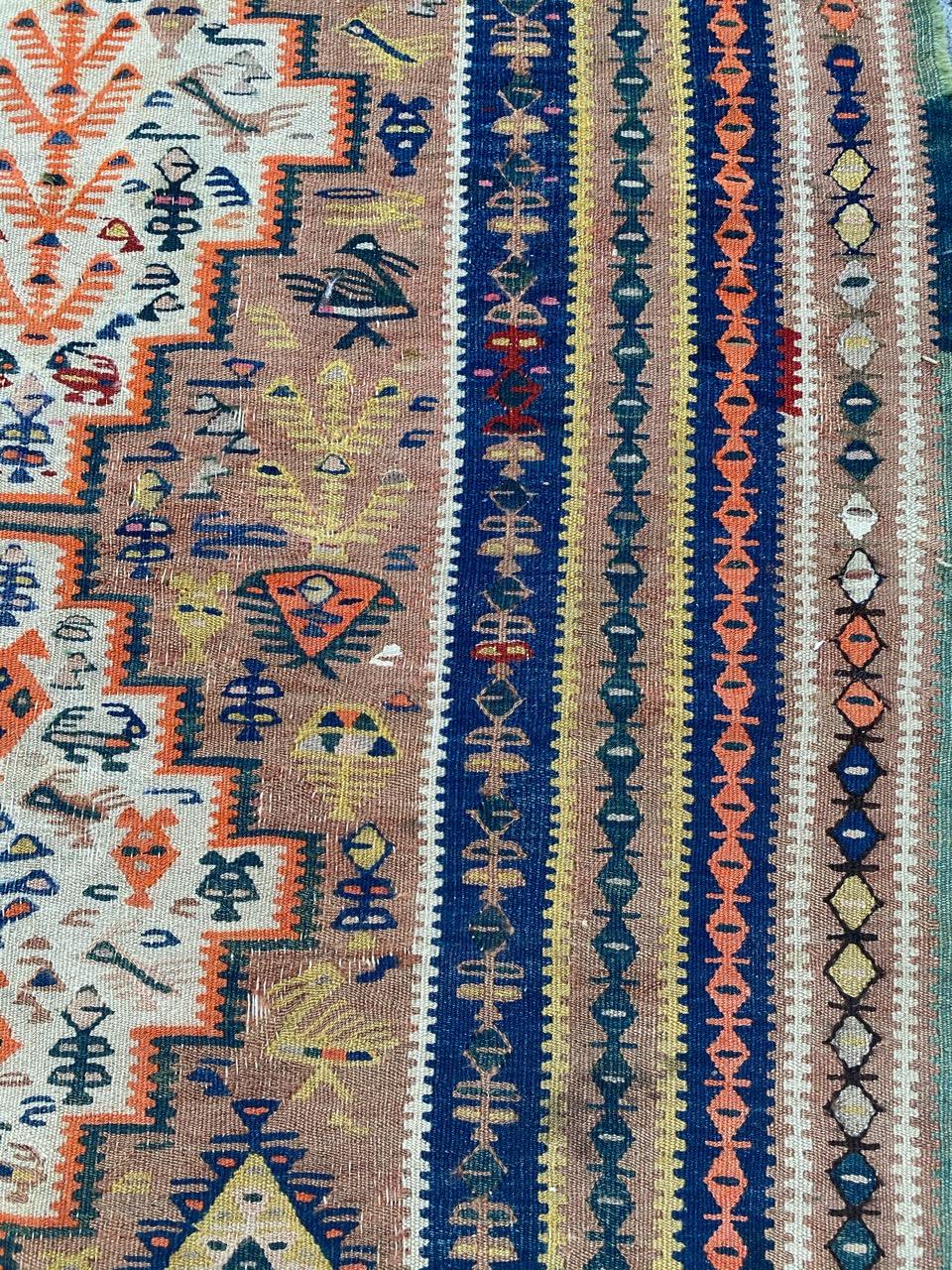 Bobyrug’s Nice Long Antique Senneh Kurdish Runner Kilim In Fair Condition For Sale In Saint Ouen, FR