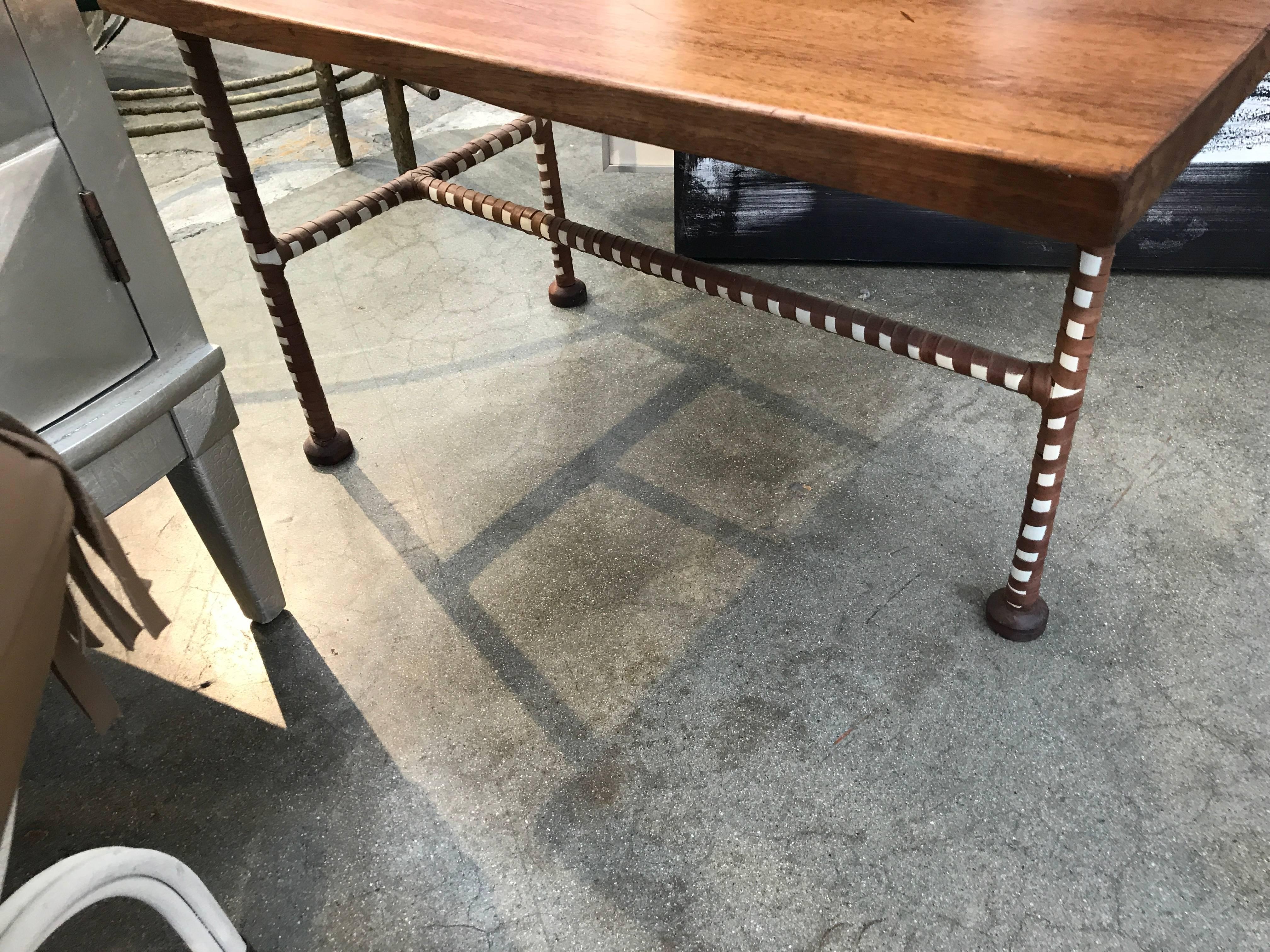Nice Mahogany Free Edge Table with Leather Wrapped Legs For Sale 9