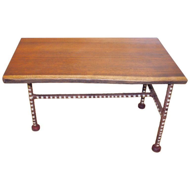 Nice Mahogany Free Edge Table with Leather Wrapped Legs For Sale