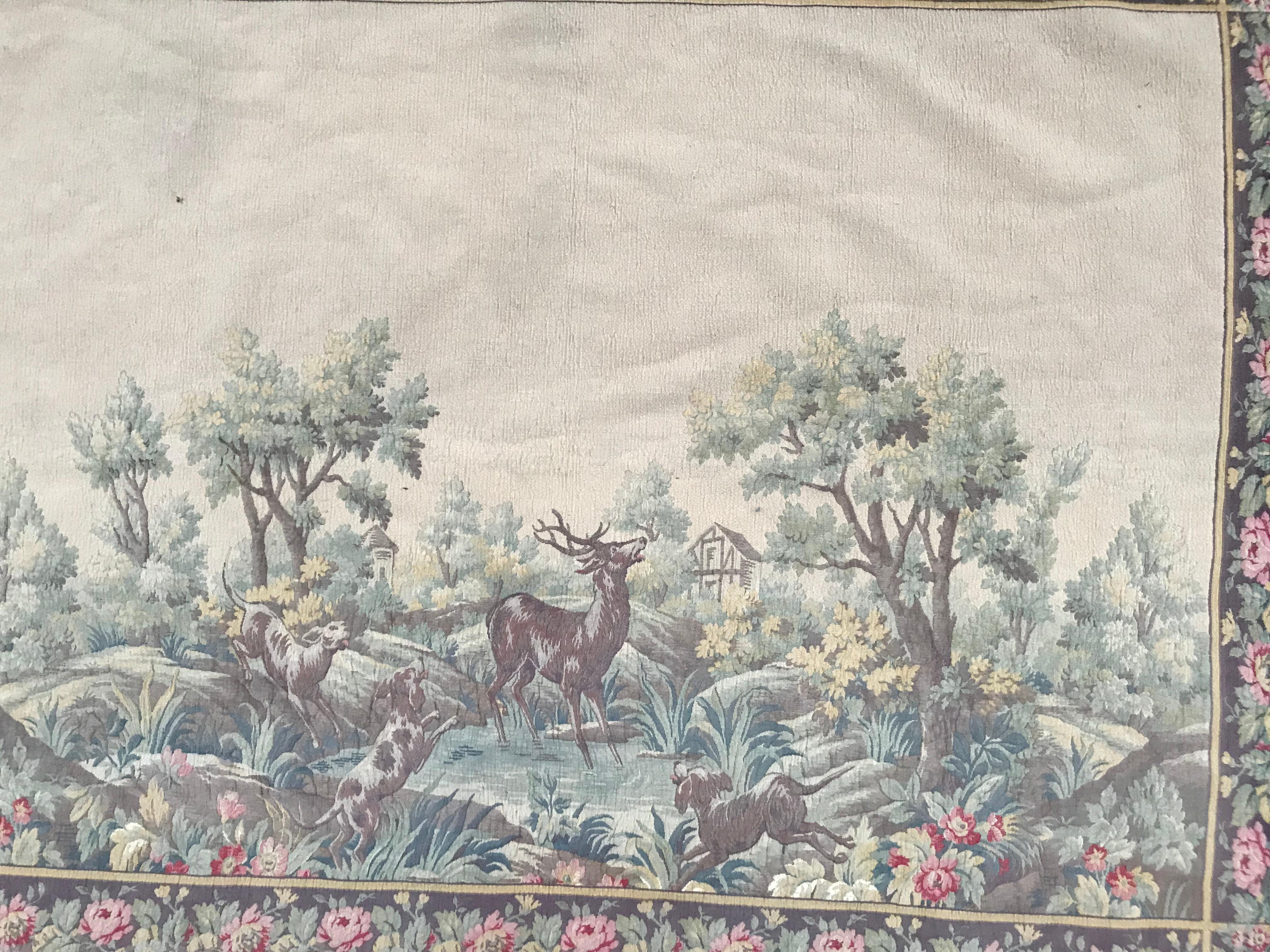 A beautiful vintage French Jaquar tapestry in style of Aubusson tapestries, with a design of 19th century tapestry’s, wool woven in Jaquar crafts.