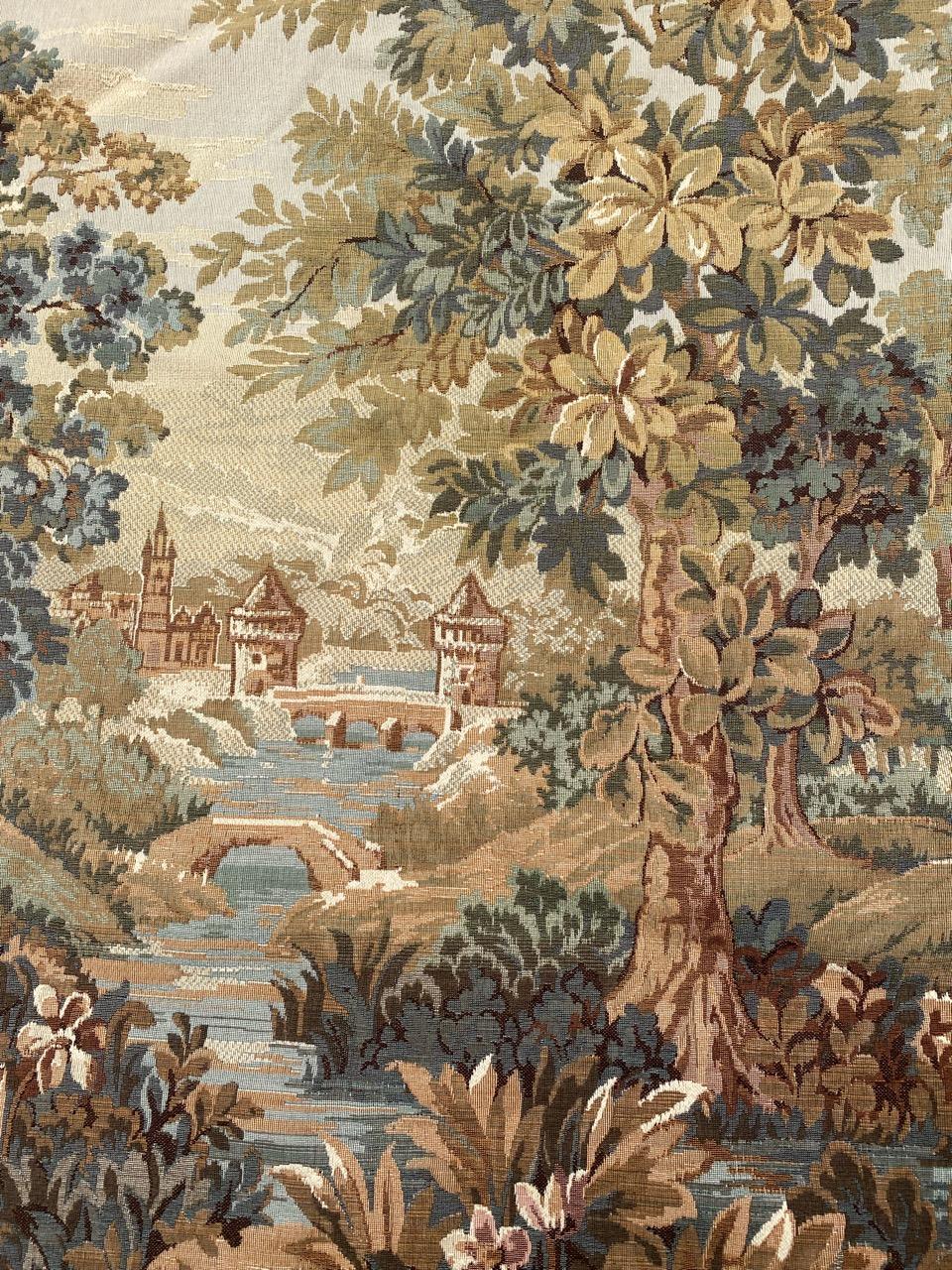 Pretty vintage French aubusson style tapestry with nice design of nature and beautiful colors, woven by mechanical Jaquar manufacturing with wool and cotton.