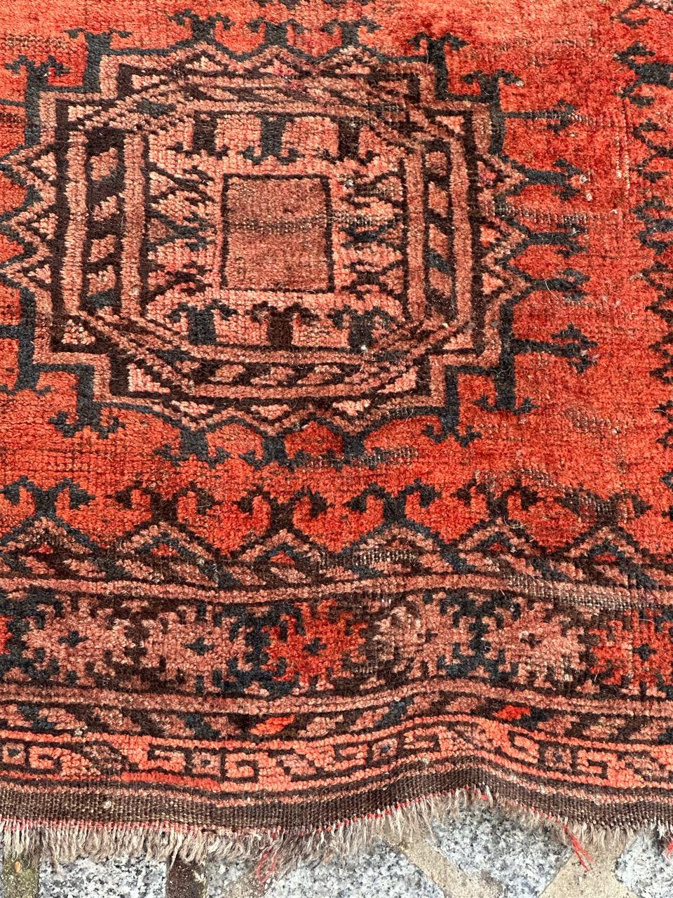 Beautiful mid century Turkmen Afghan rug with beautiful tribal and geometrical design and nice colours with orange, purple and blue, entirely hand knotted with wool on wool foundation. Wears due to the age and use!

✨✨✨
