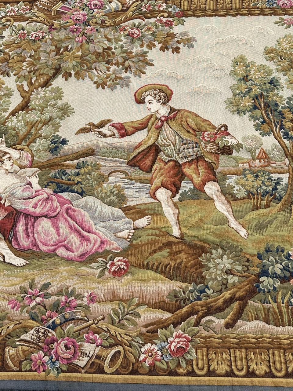 Nice Midcentury France Aubusson Style Jacquard Halluin Tapestry «bird’s offering For Sale 6
