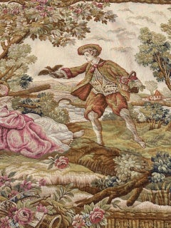 Bellissimo arazzo jacquard Halluin in stile Aubusson della Francia di metà secolo "offerta di uccelli
