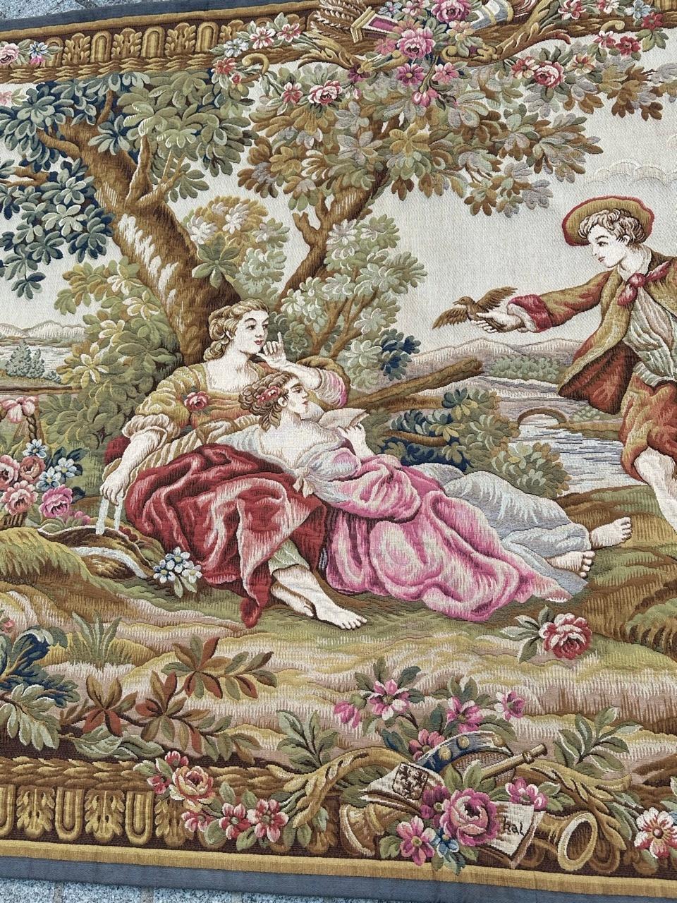French Nice Midcentury France Aubusson Style Jacquard Halluin Tapestry «bird’s offering For Sale