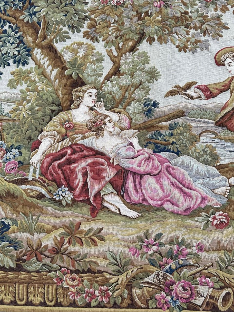 Nice Midcentury France Aubusson Style Jacquard Halluin Tapestry «bird’s offering In Good Condition For Sale In Saint Ouen, FR