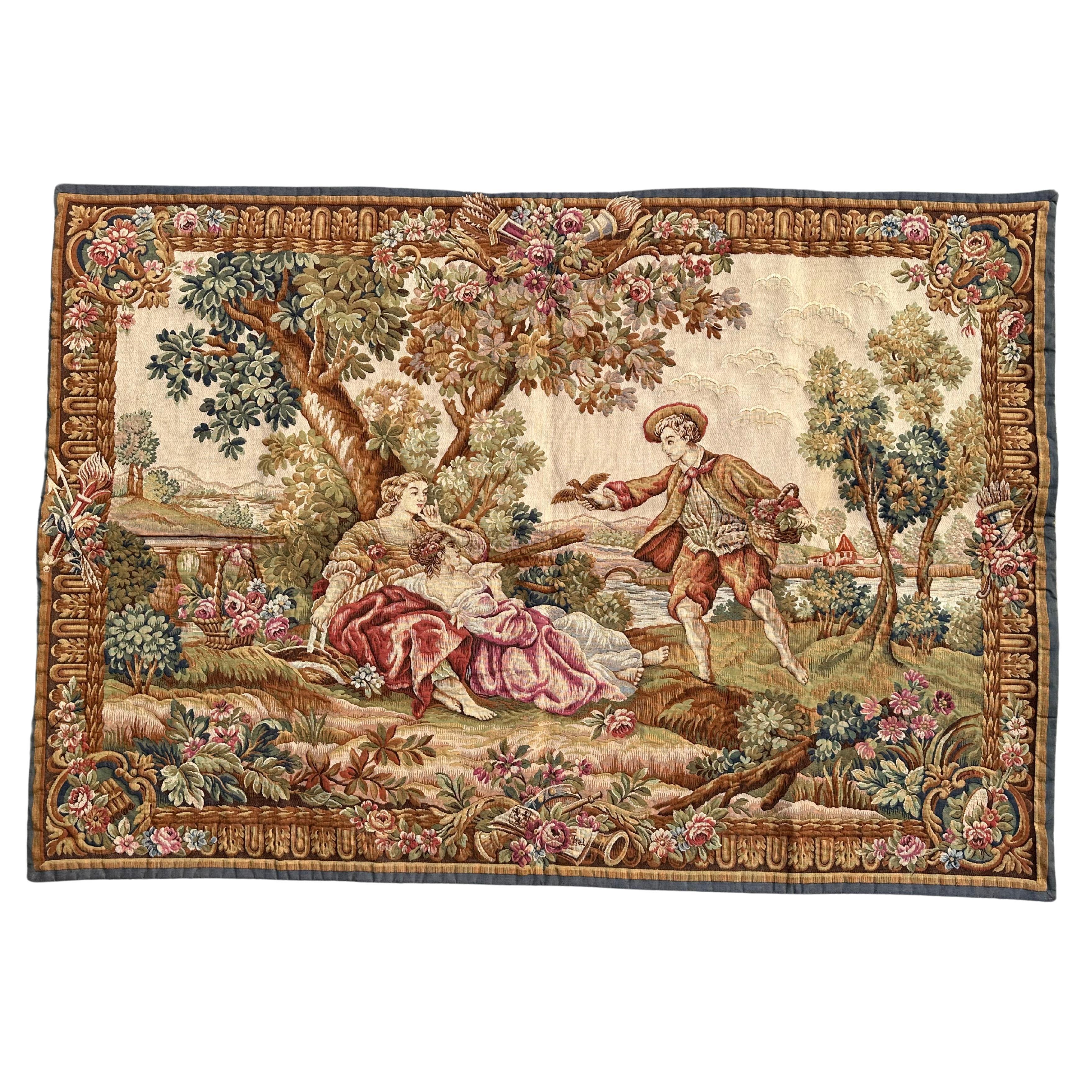 Nizza Midcentury Frankreich Aubusson Stil Jacquard Halluin Wandteppich "bird
s offering