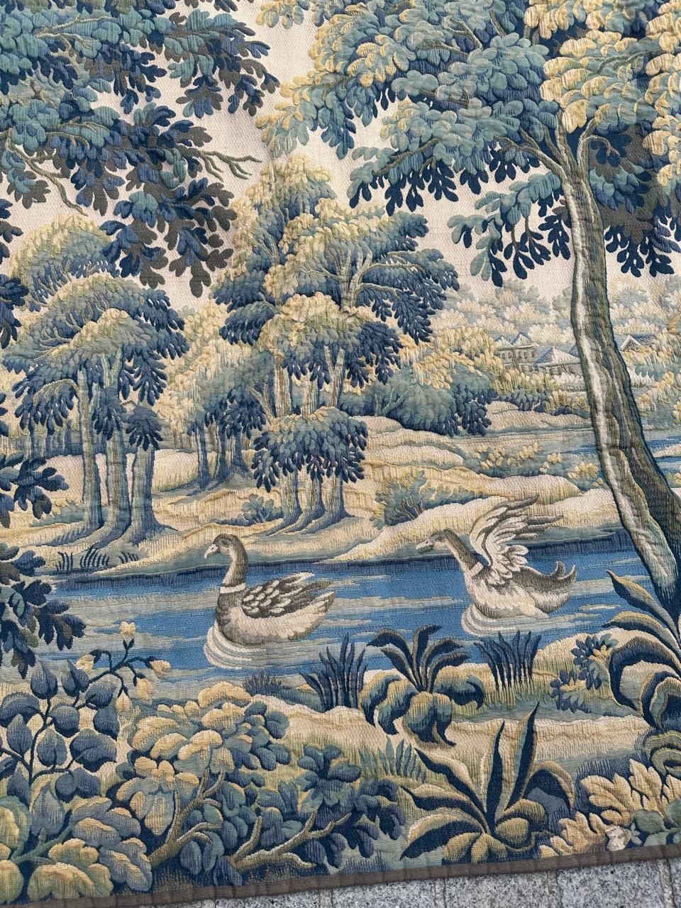 Wool Nice Midcentury French Aubusson Style Jacquard Halluin Tapestry «Verdure Mallard For Sale