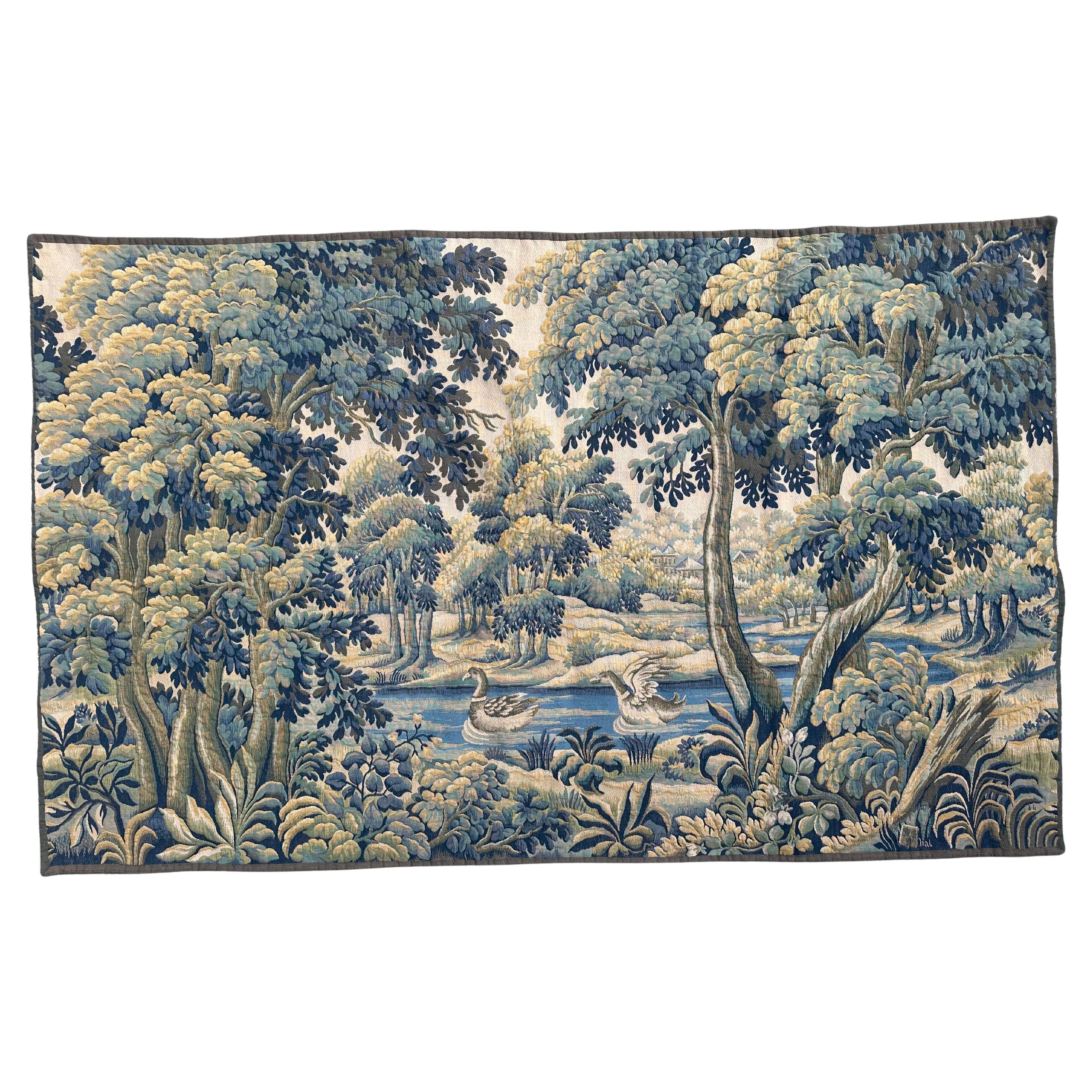 Nice Midcentury French Aubusson Style Jacquard Halluin Tapestry «Verdure Mallard For Sale