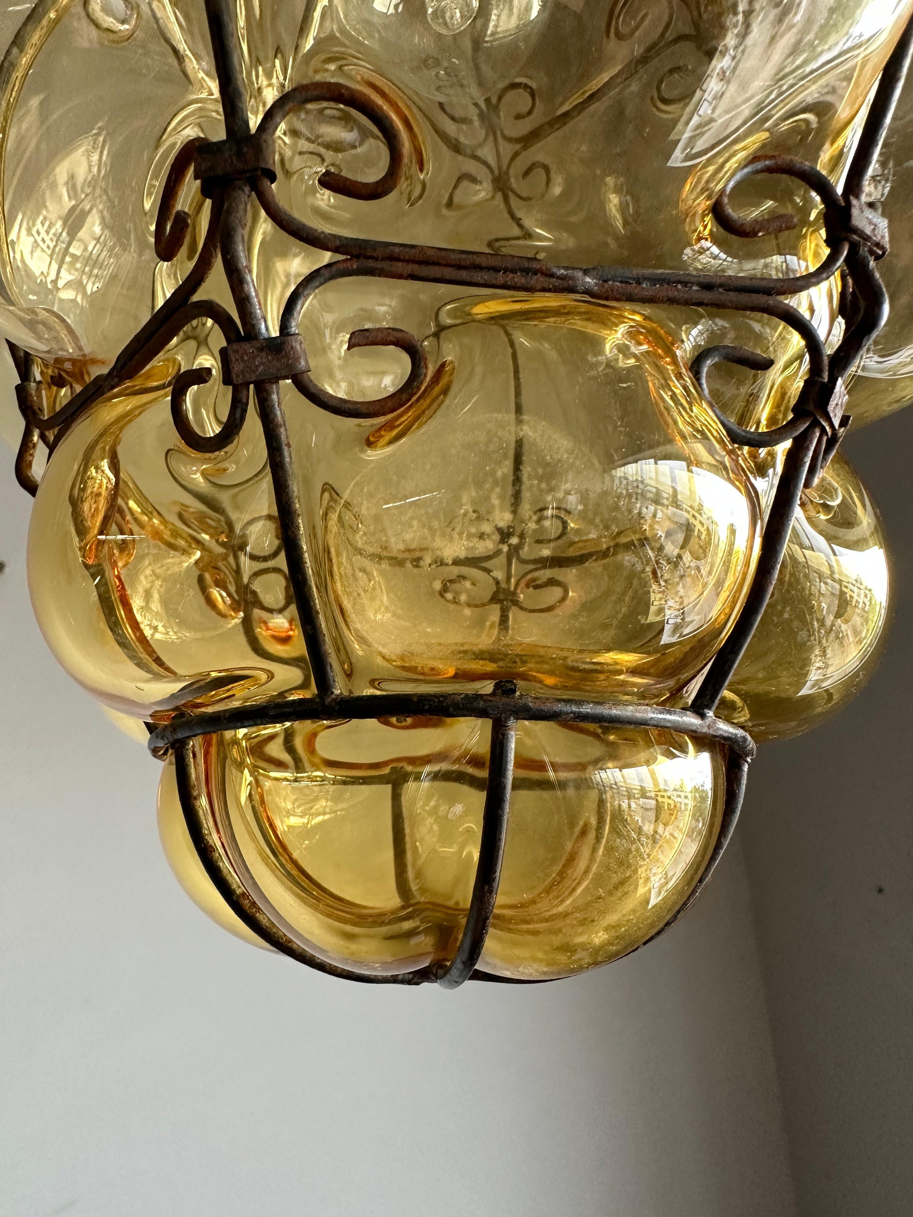 Mid-Century Modern Nice MidCentury Mouth Blown, Gold Color Glass Viennese Entry Hall Pendant Light For Sale
