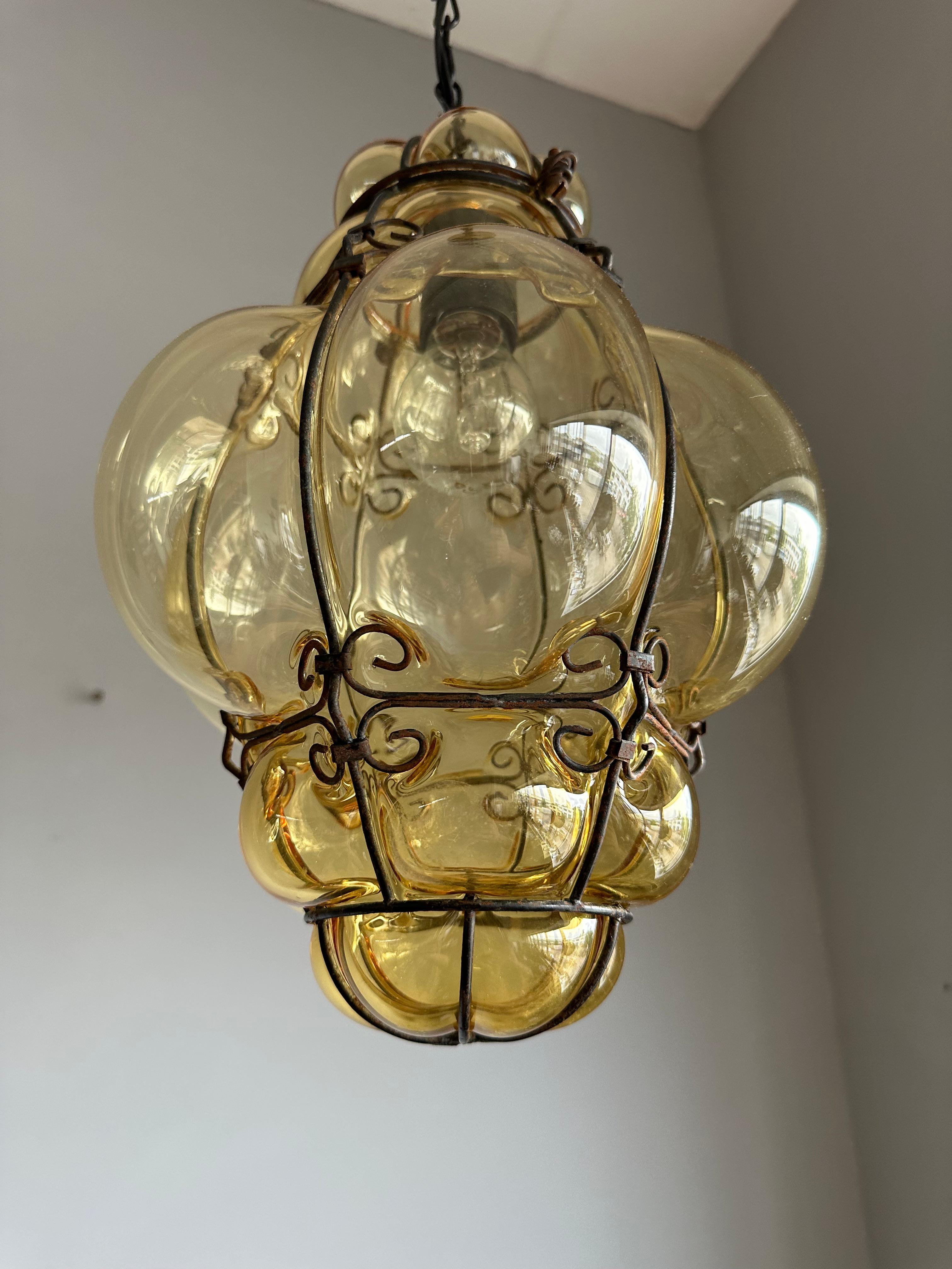 Mid-Century Modern Nice MidCentury Mouth Blown, Gold Color Glass Viennese Entry Hall Pendant Light For Sale