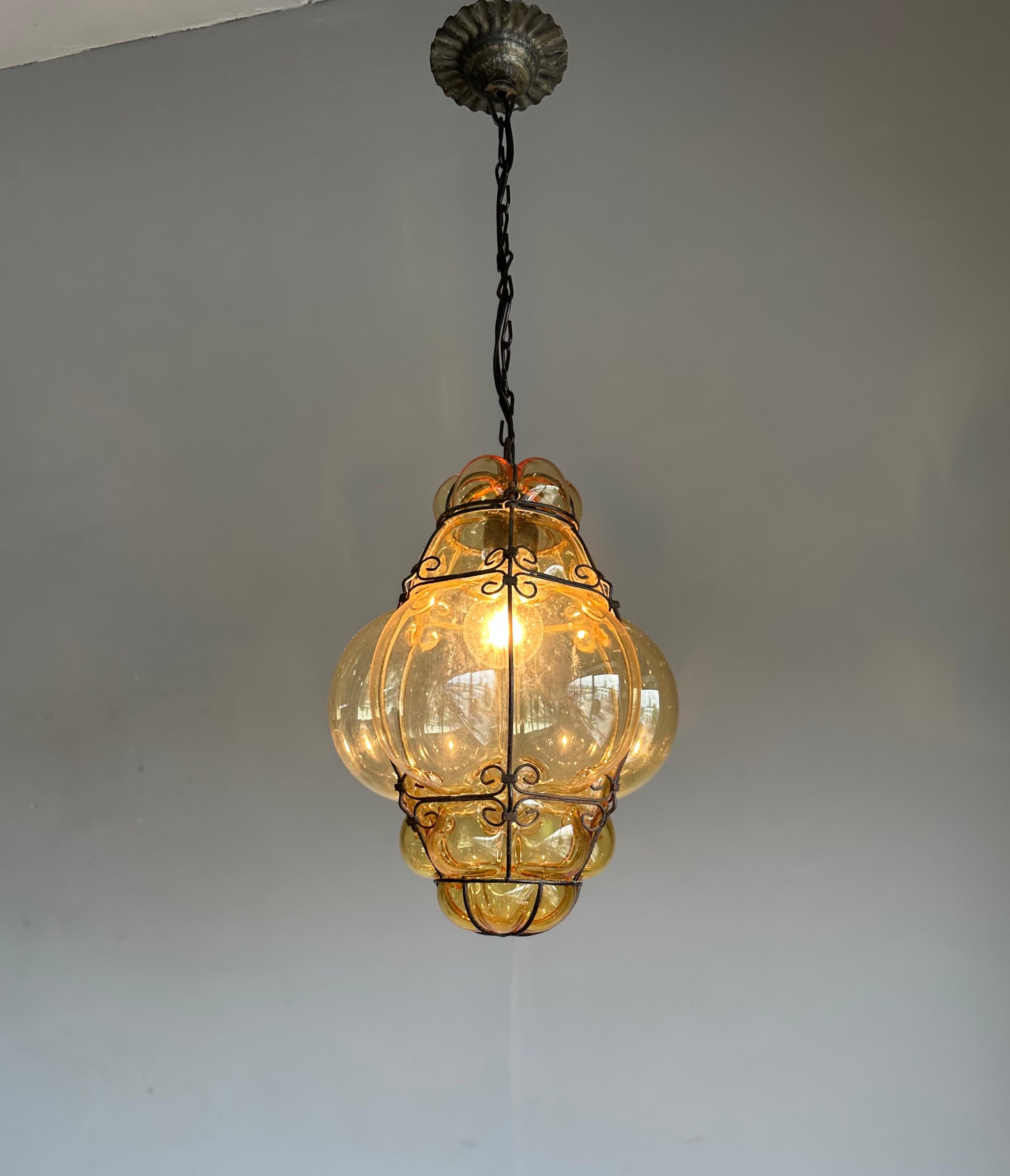 Italian Nice MidCentury Mouth Blown, Gold Color Glass Viennese Entry Hall Pendant Light For Sale