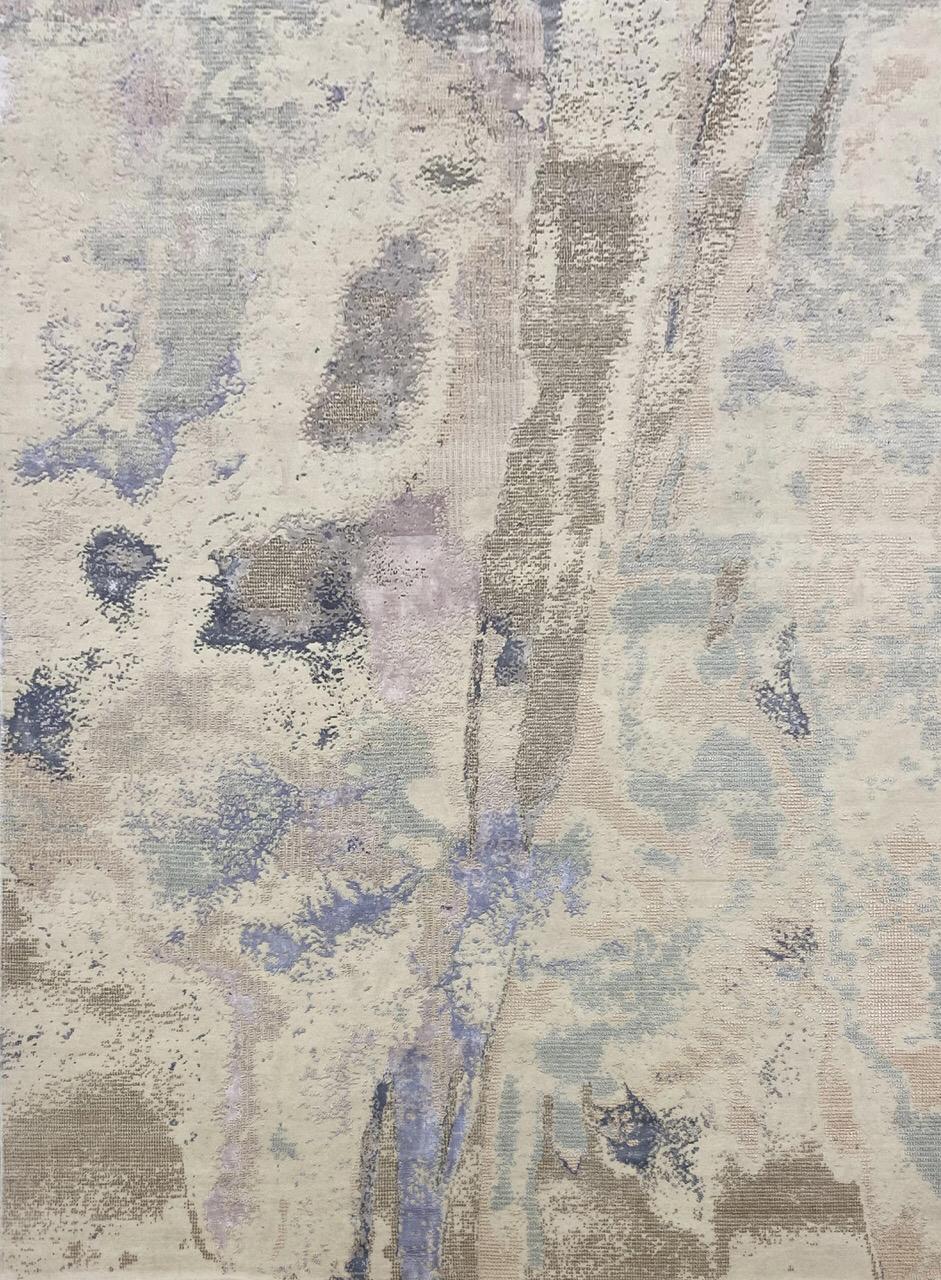 Sehr schöner zeitgenössischer Teppich mit schönem Design und hellen Farben, vollständig handgeknüpft mit tibetischen Knoten mit Wolle und Seidensamt auf Baumwollbasis.