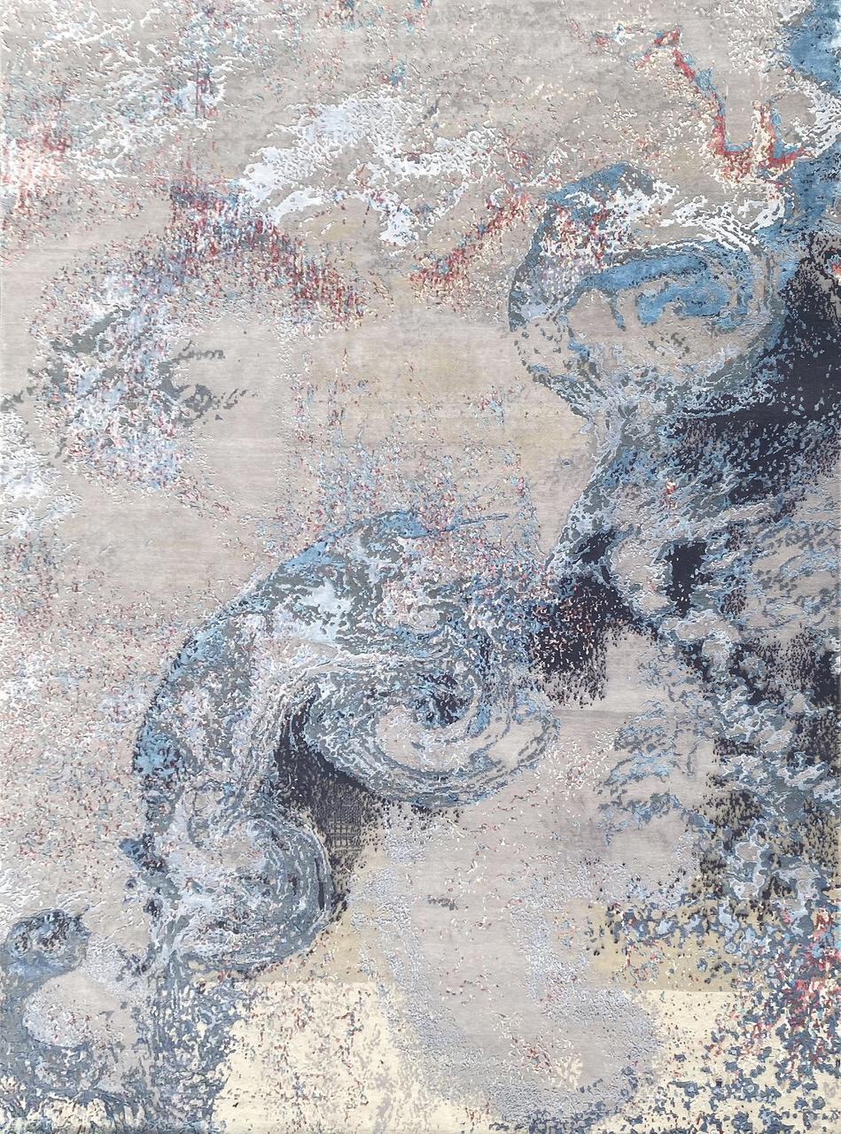 Very beautiful contemporary rug with a beautiful design and light colors, entirely hand knotted with Tibetan knots with wool and silk velvet on cotton foundation.
