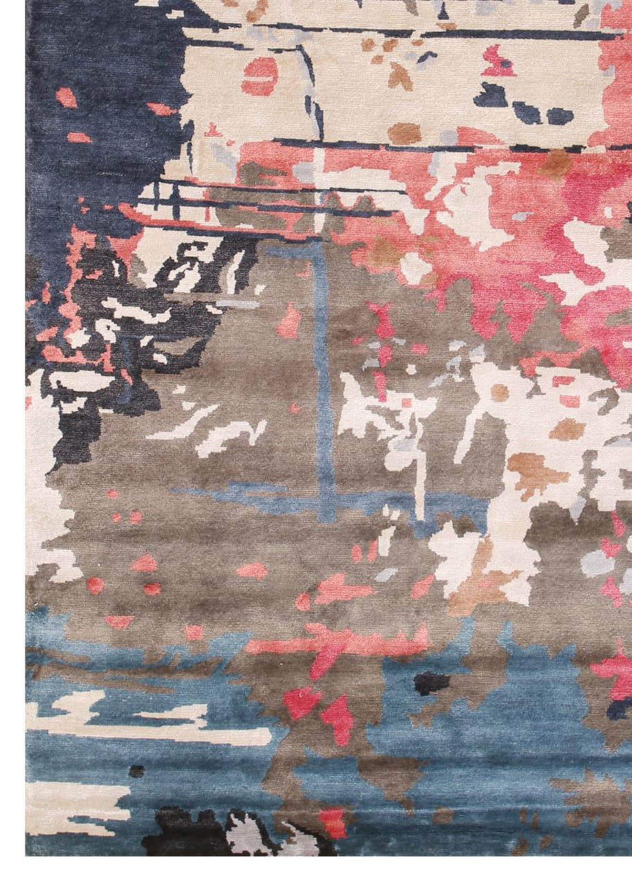 Wonderful modern design silk rug with beautiful abstract design and nice colors, entirely and finely hand knotted with silk velvet on cotton foundation.