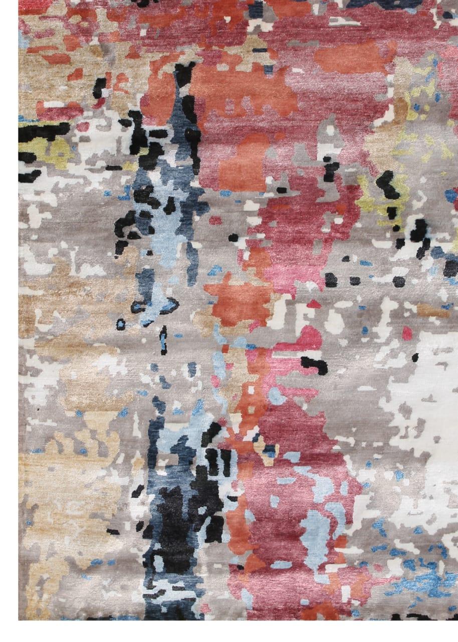 Wonderful modern design silk rug with beautiful abstract design and nice colors, entirely and finely hand knotted with silk velvet on cotton foundation.