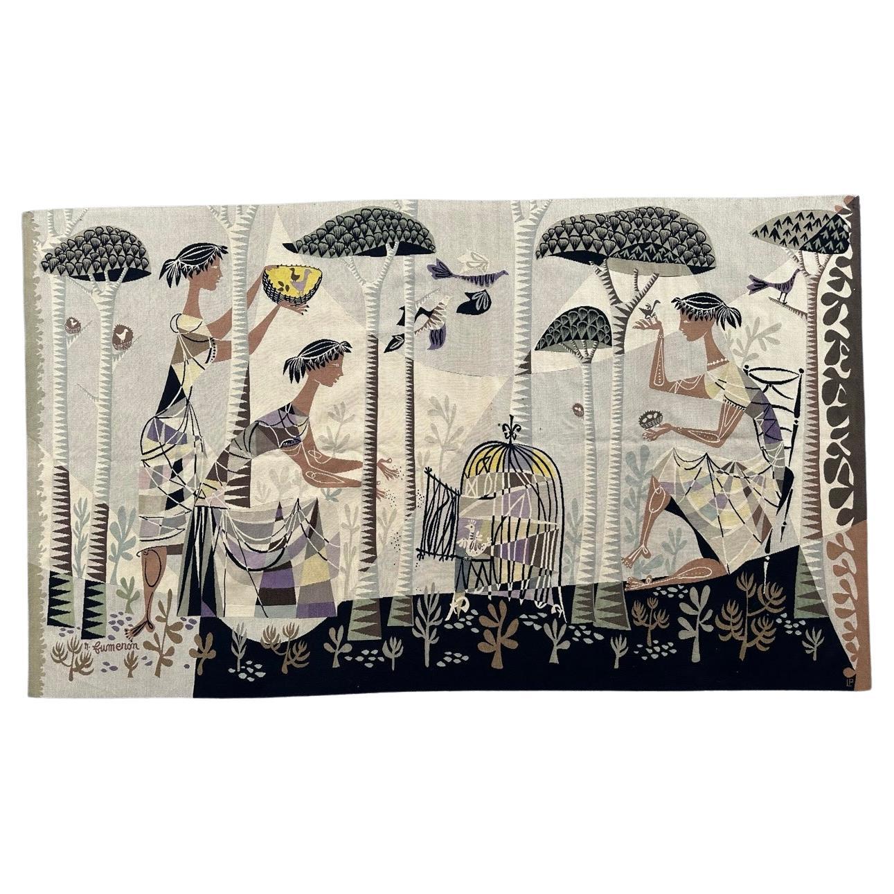 Nice modern French Aubusson Tapestry " women with birds " by Rene Fumeron For Sale